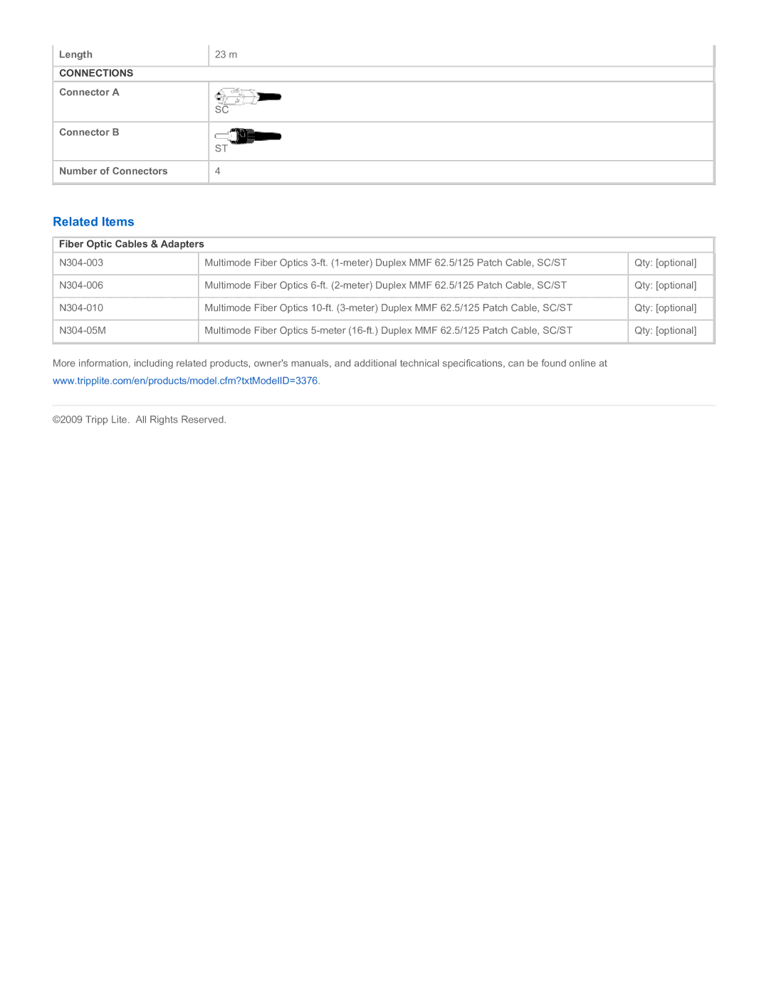 Tripp Lite N304-23M specifications Related Items, Fiber Optic Cables & Adapters 