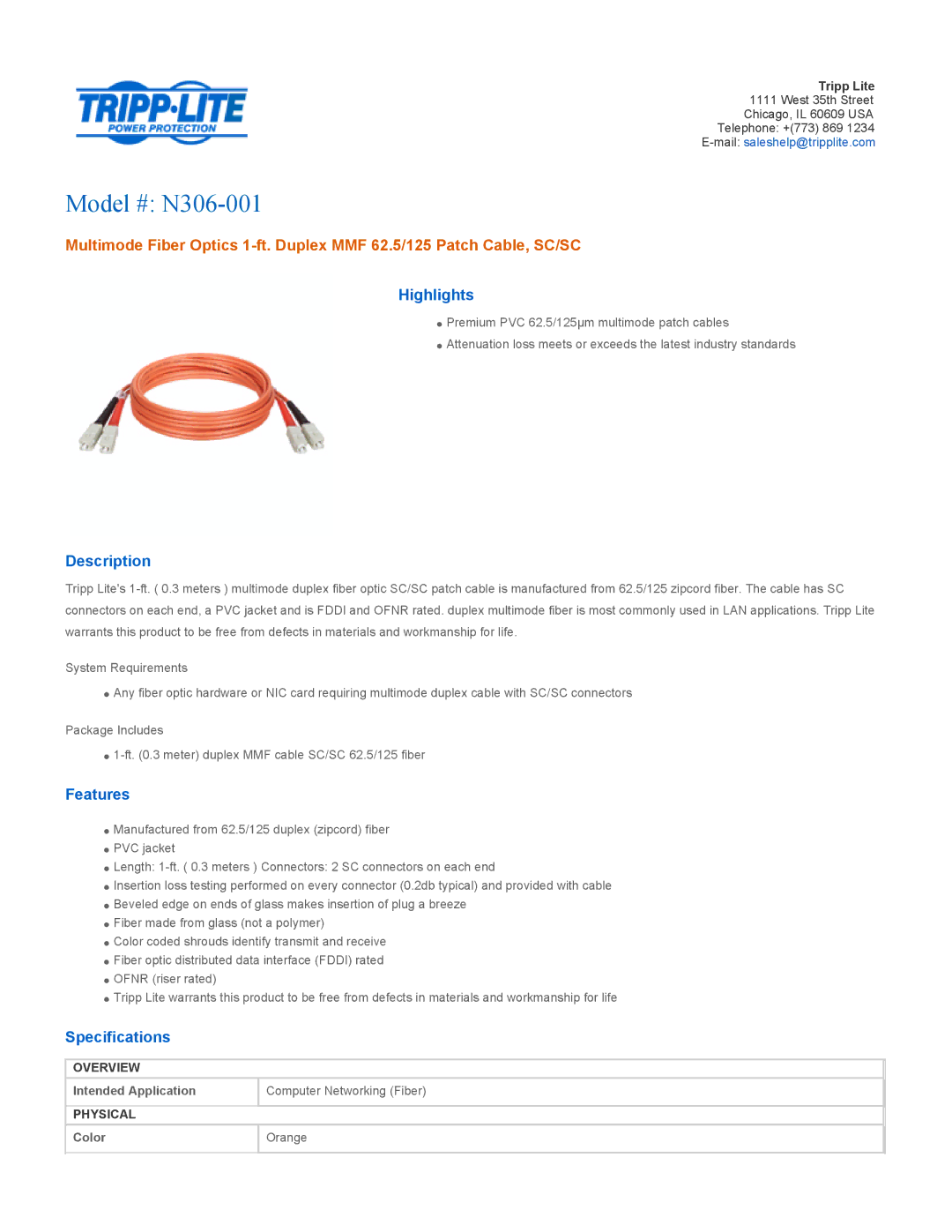 Tripp Lite specifications Model # N306-001, Highlights, Description, Features, Specifications 