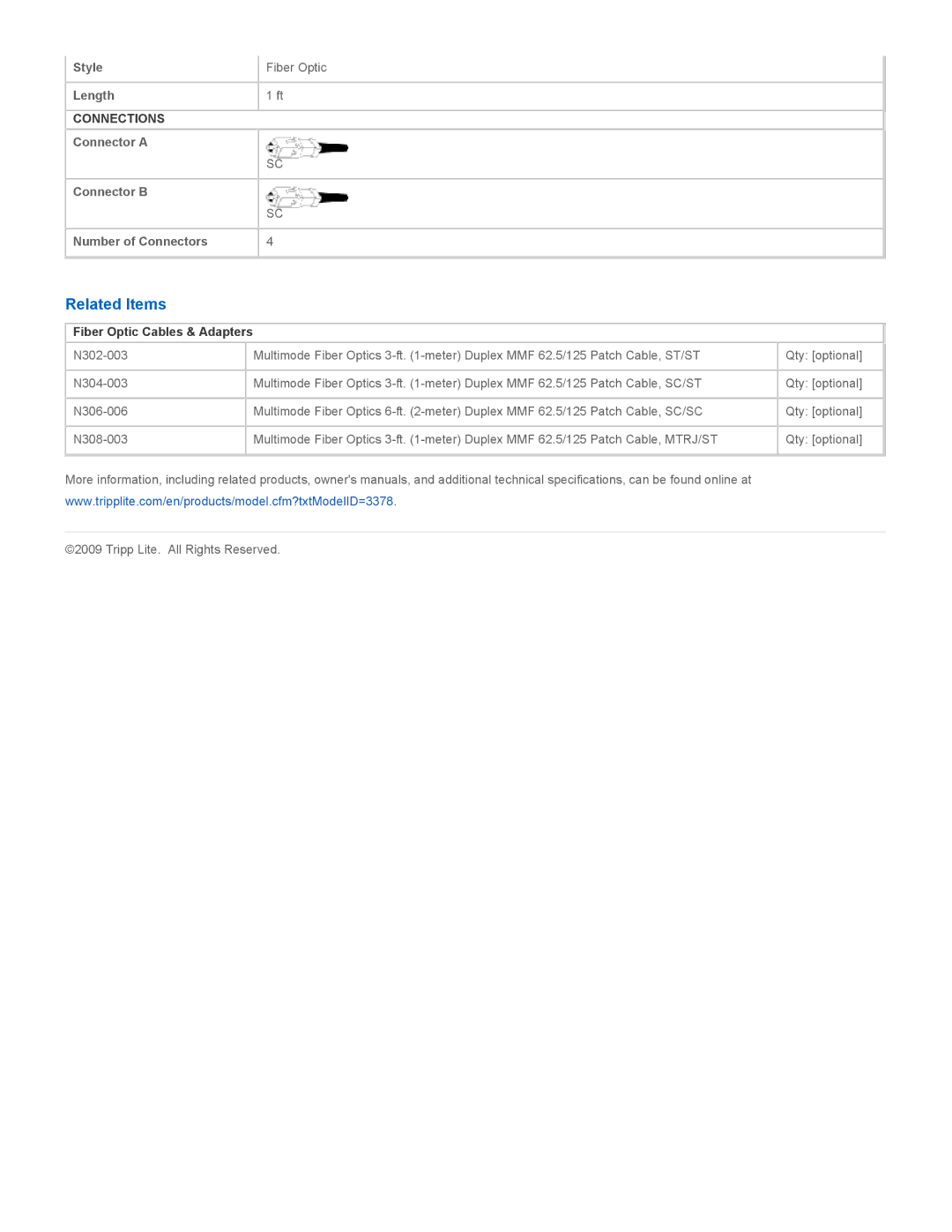 Tripp Lite N306-001 specifications Related Items, Fiber Optic Cables & Adapters 