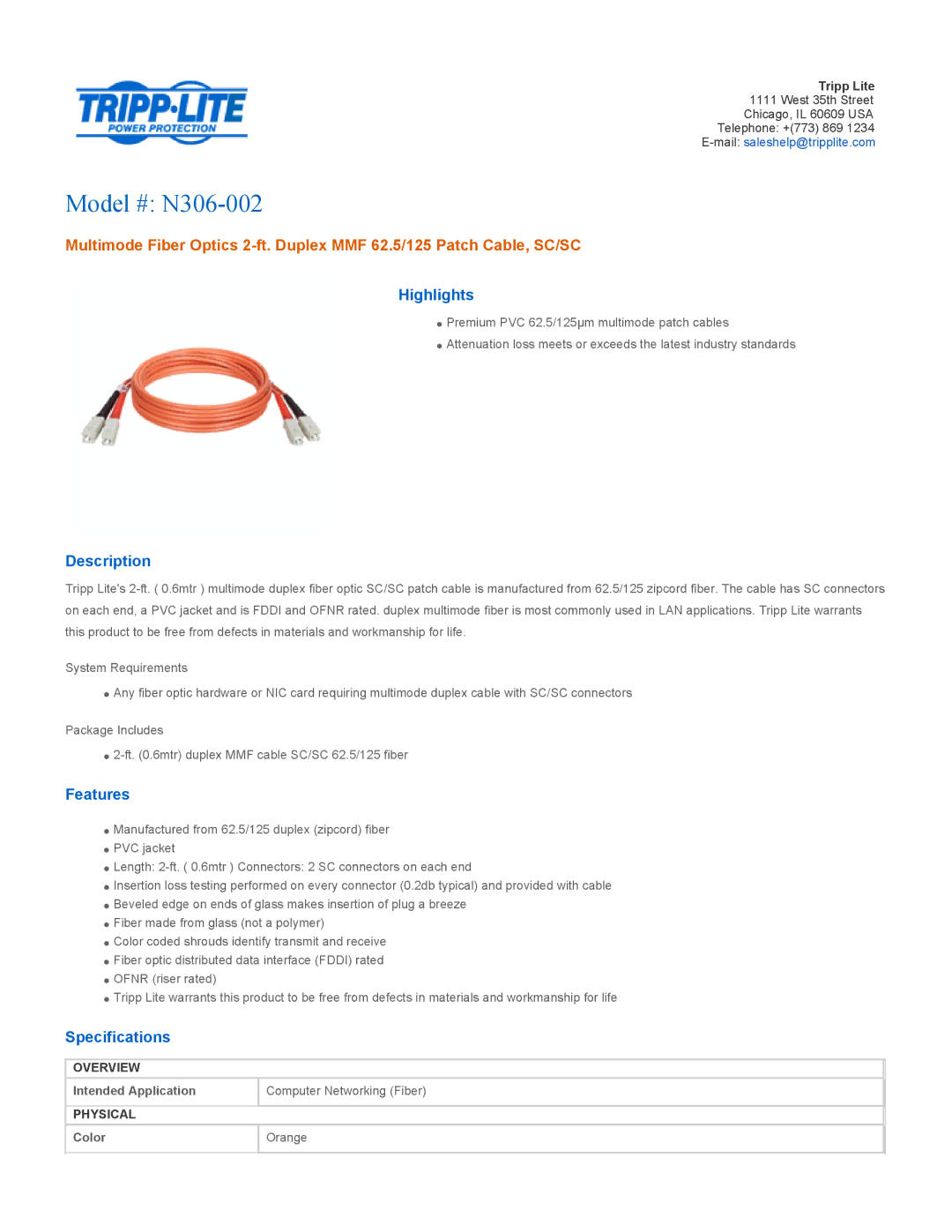 Tripp Lite specifications Model # N306-002, Highlights, Description, Features, Specifications 
