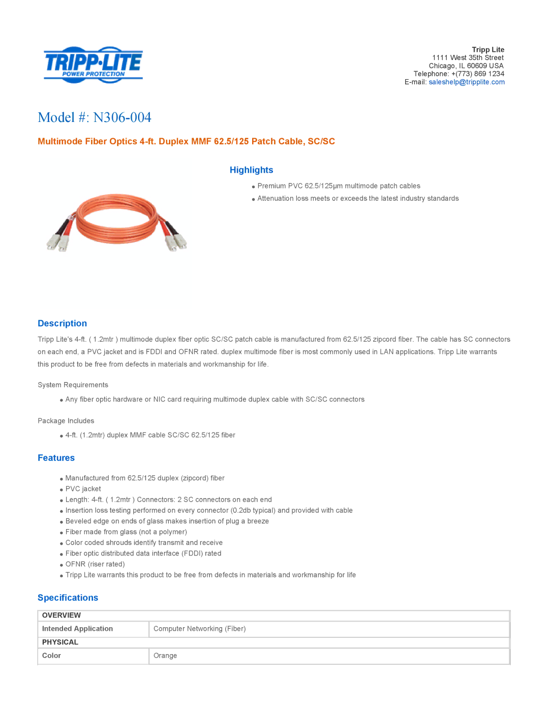 Tripp Lite specifications Model # N306-004, Highlights, Description, Features, Specifications 