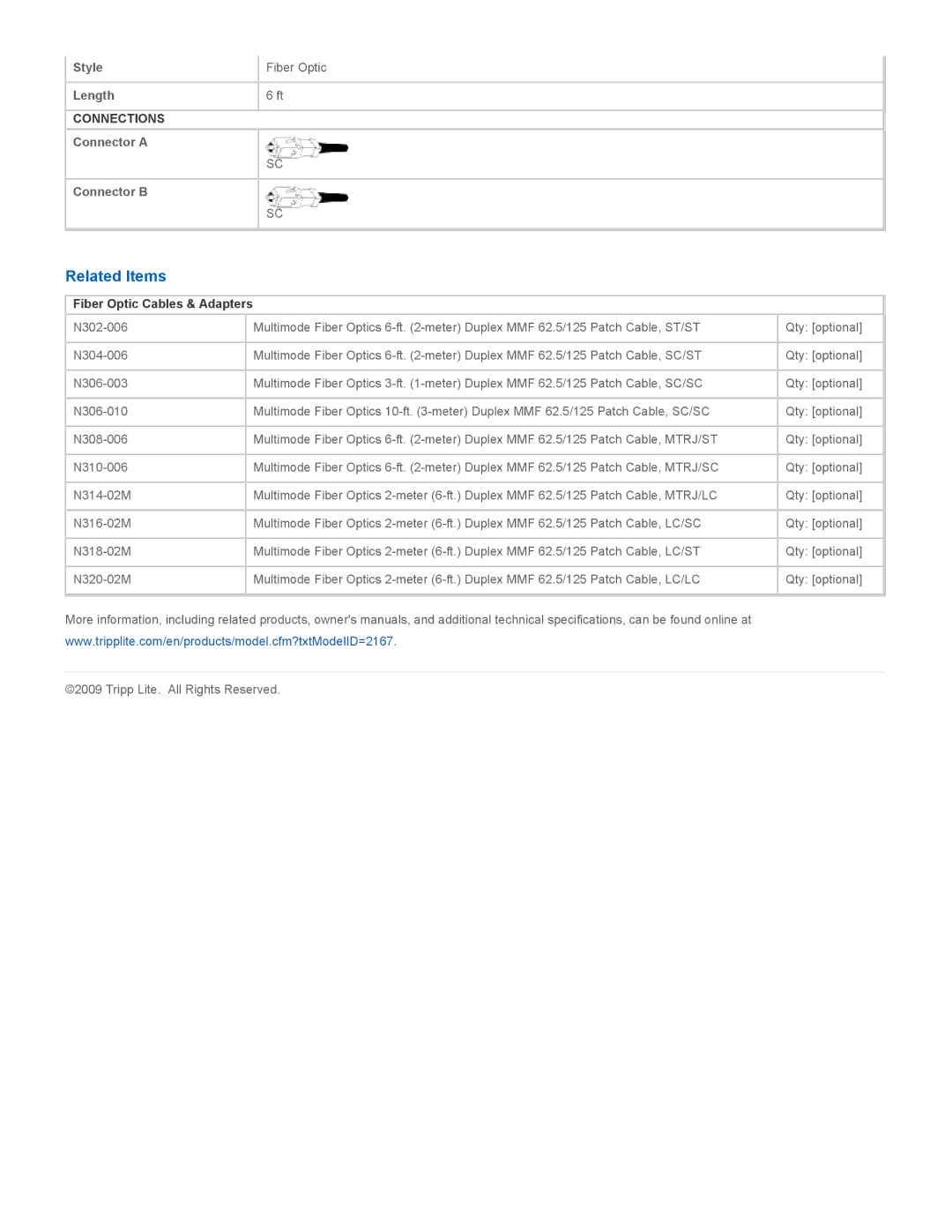 Tripp Lite N306-006 specifications Related Items, Fiber Optic Cables & Adapters 