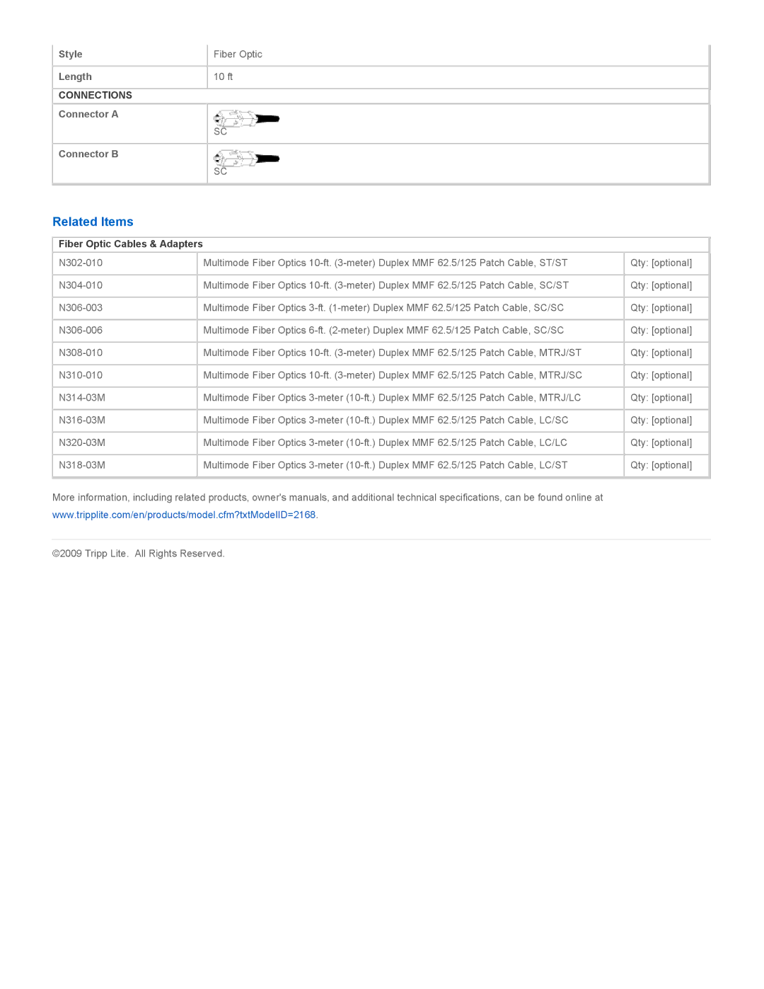 Tripp Lite N306-010 specifications Related Items, Fiber Optic Cables & Adapters 