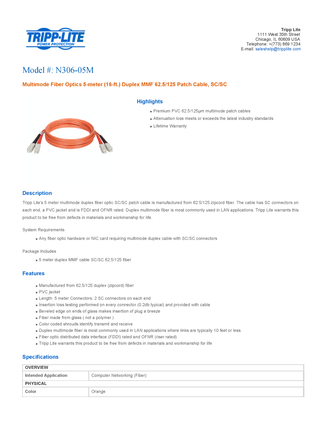 Tripp Lite specifications Model # N306-05M, Highlights, Description, Features, Specifications 