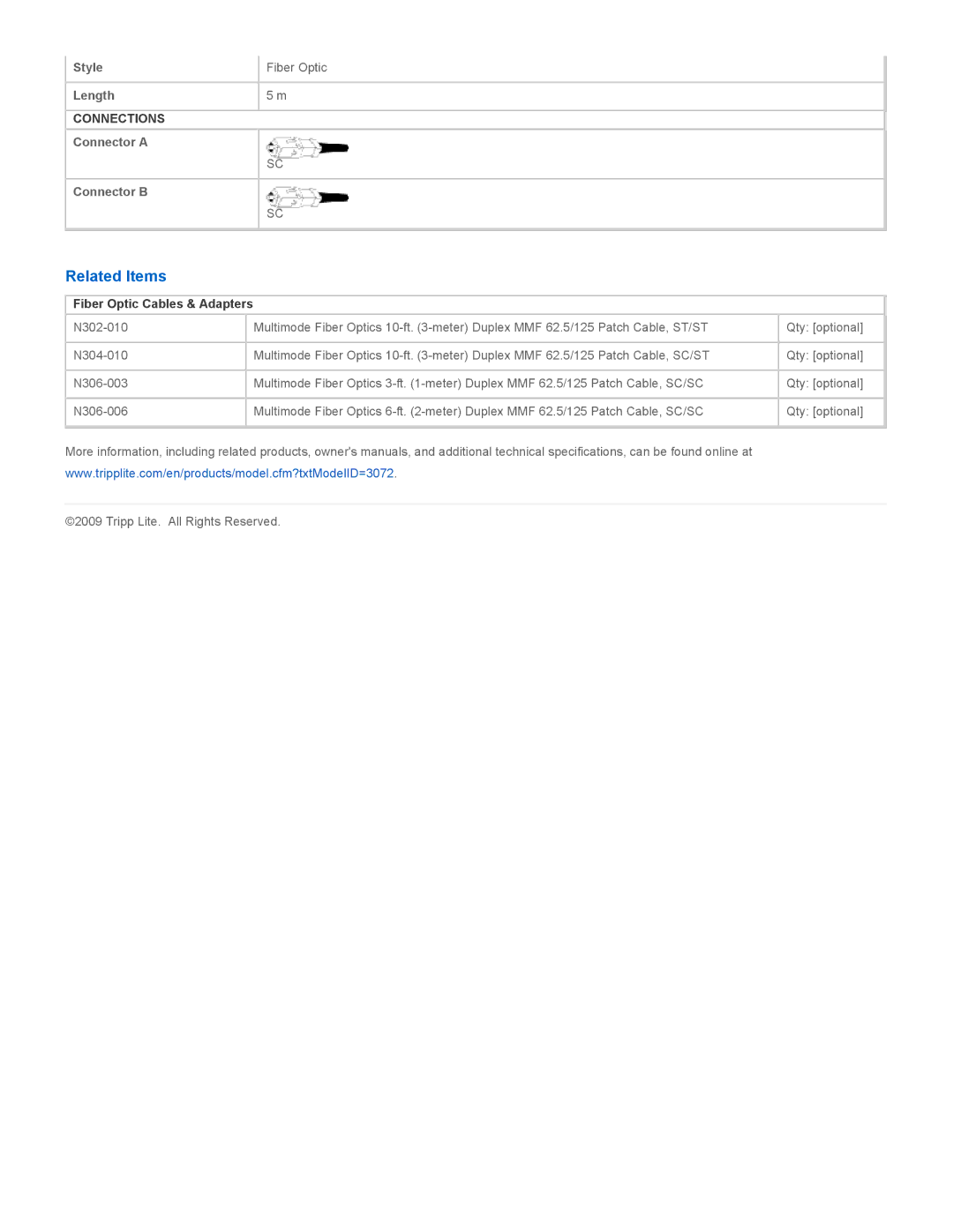 Tripp Lite N306-05M specifications Related Items, Fiber Optic Cables & Adapters 