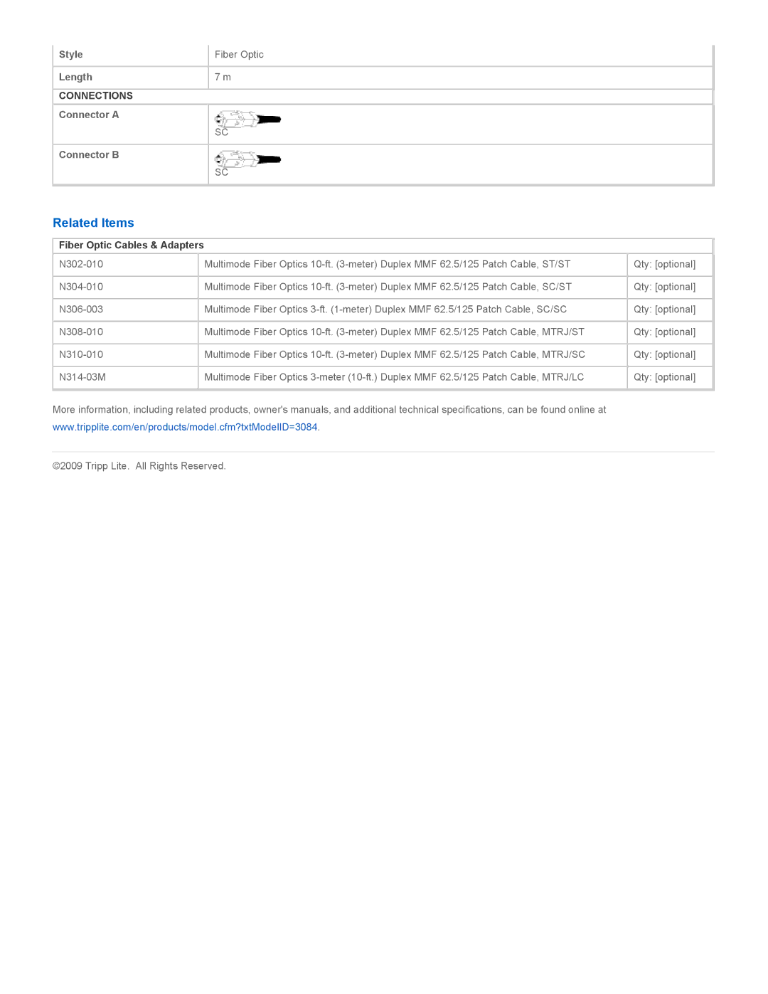 Tripp Lite N306-07M specifications Related Items, Fiber Optic Cables & Adapters 