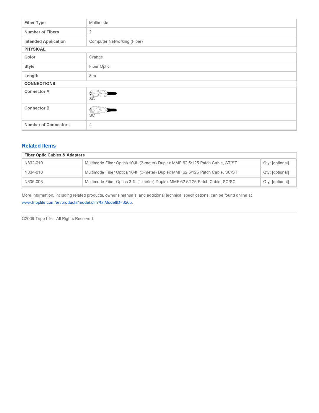 Tripp Lite N306-08M specifications Related Items, Fiber Optic Cables & Adapters 
