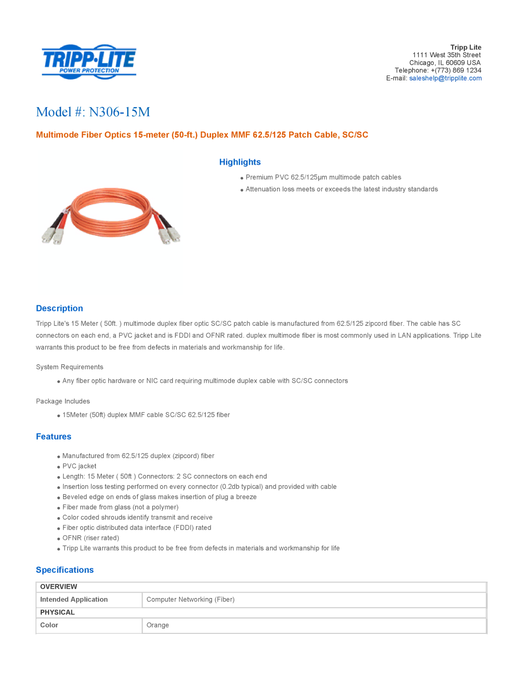 Tripp Lite specifications Model # N306-15M, Highlights, Description, Features, Specifications 