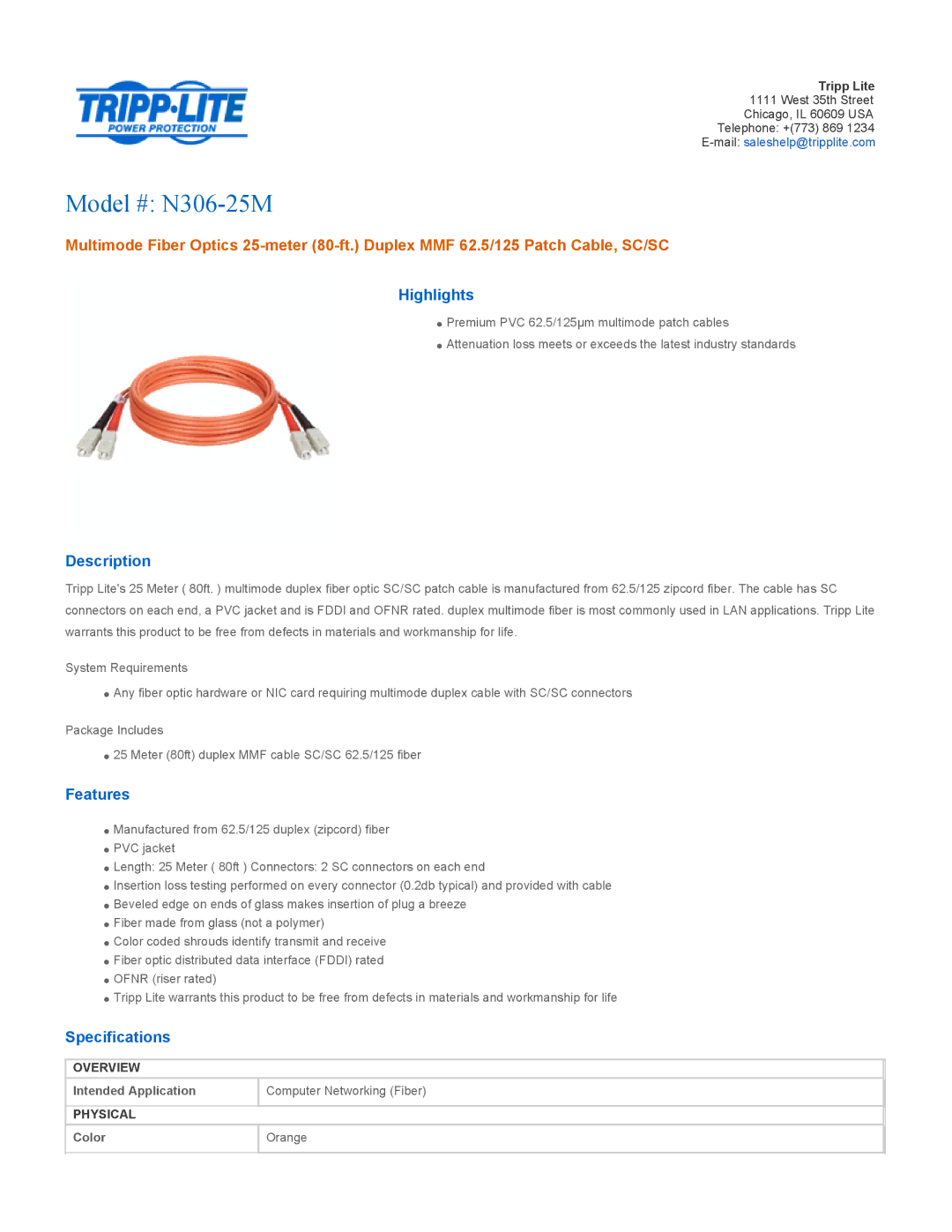 Tripp Lite specifications Model # N306-25M, Highlights, Description, Features, Specifications 