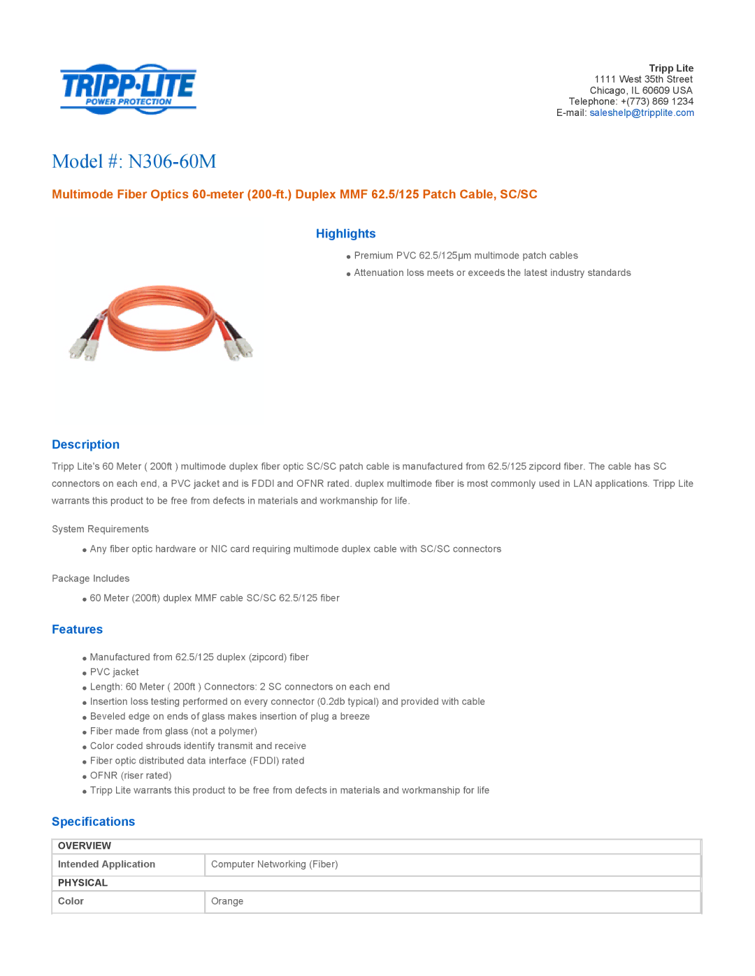 Tripp Lite specifications Model # N306-60M, Highlights, Description, Features, Specifications 