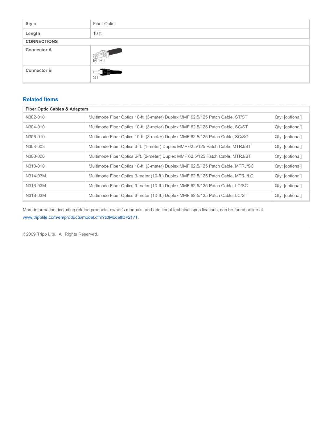 Tripp Lite N308-010 specifications Related Items, Fiber Optic Cables & Adapters 
