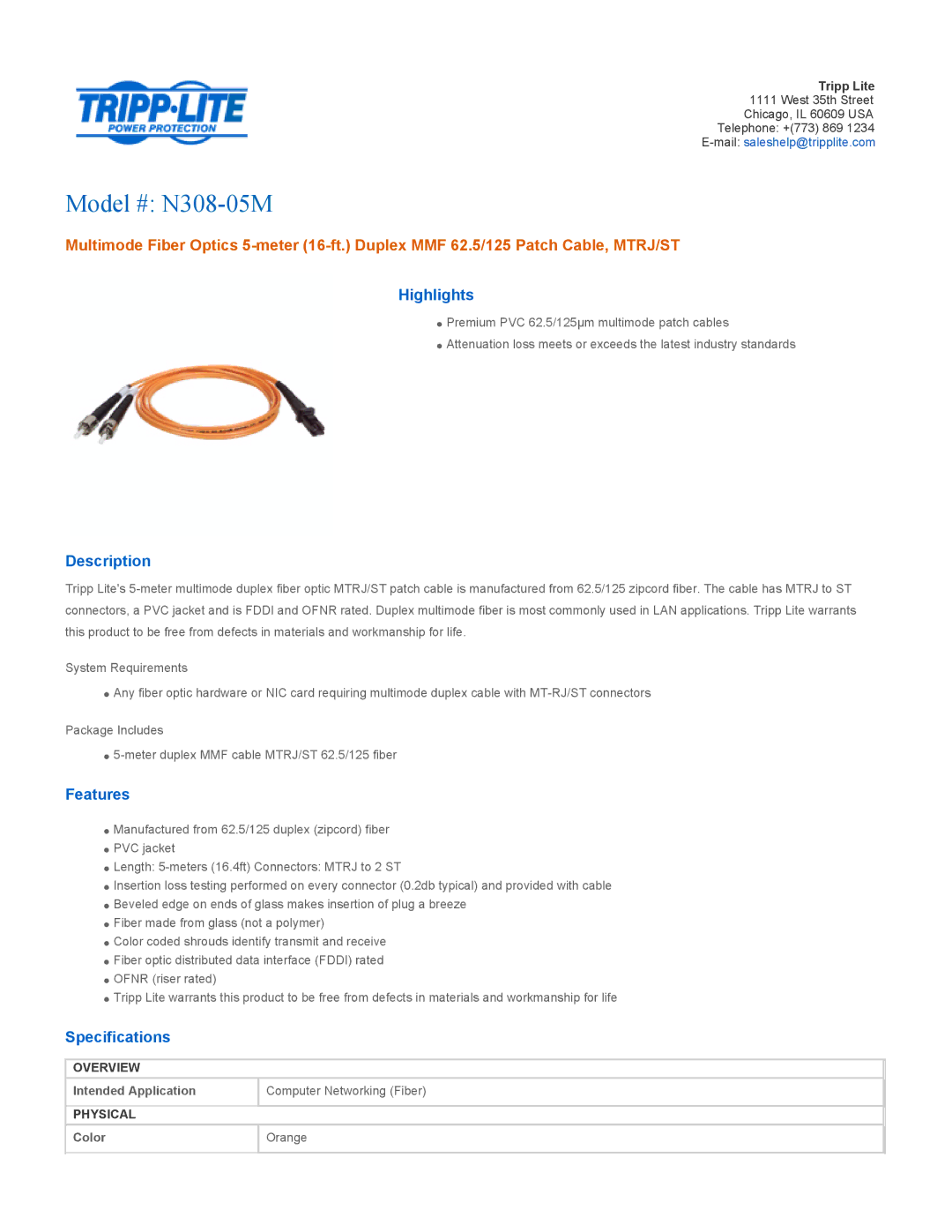 Tripp Lite specifications Model # N308-05M, Highlights, Description, Features, Specifications 