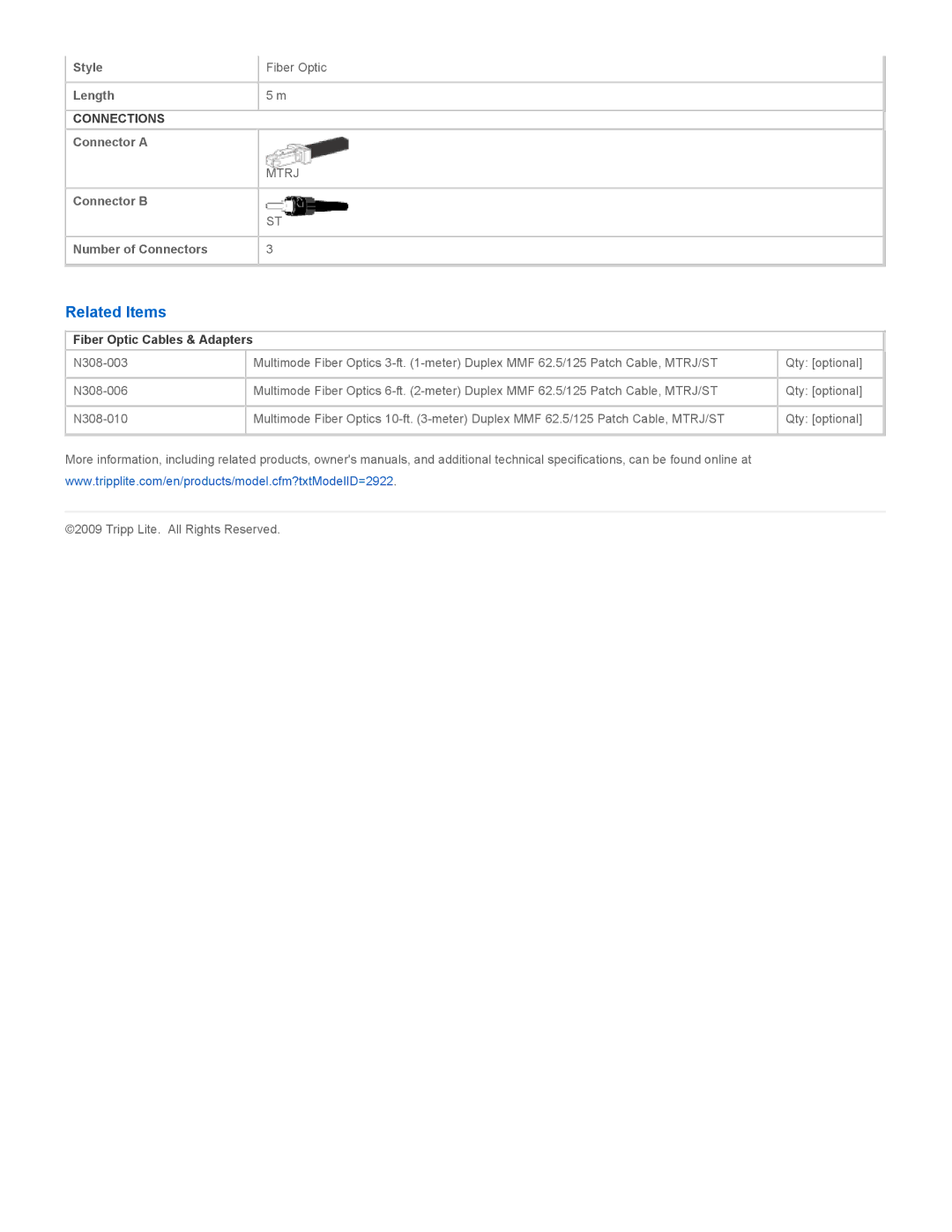 Tripp Lite N308-05M specifications Related Items, Fiber Optic Cables & Adapters 