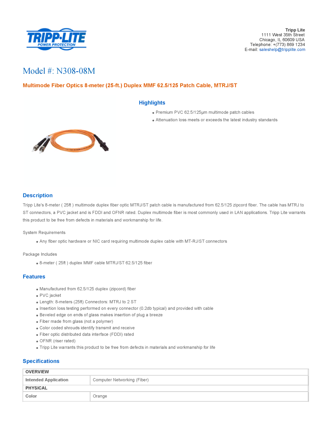 Tripp Lite specifications Model # N308-08M, Highlights, Description, Features, Specifications 