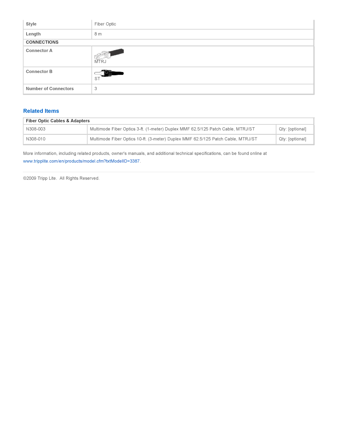 Tripp Lite N308-08M specifications Related Items, Fiber Optic Cables & Adapters 