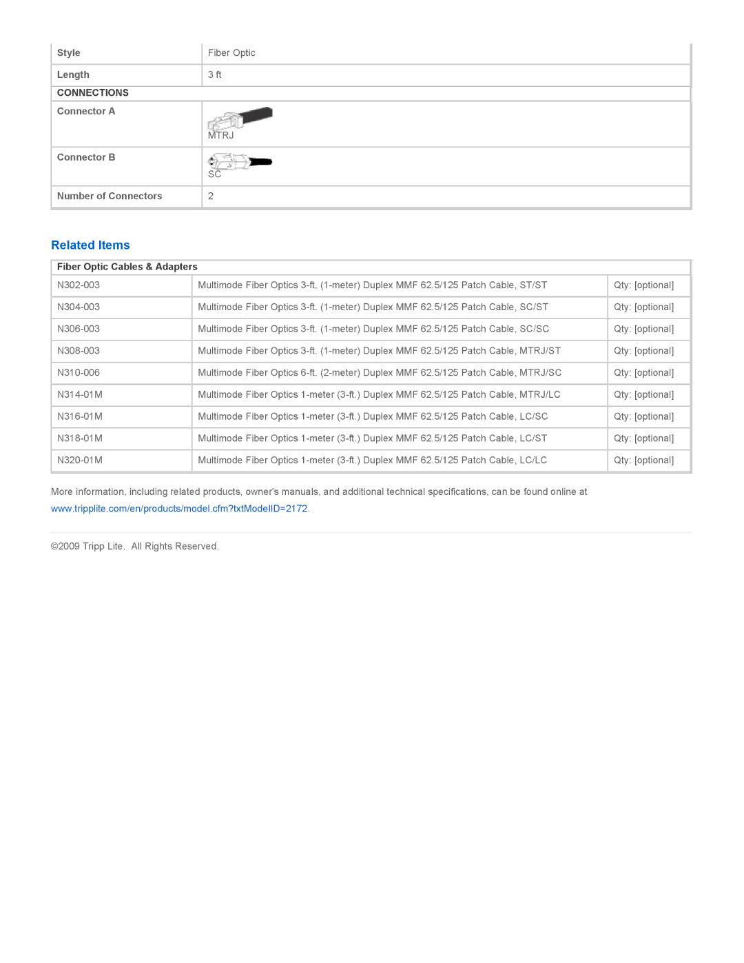 Tripp Lite N310-003 specifications Related Items, Fiber Optic Cables & Adapters 