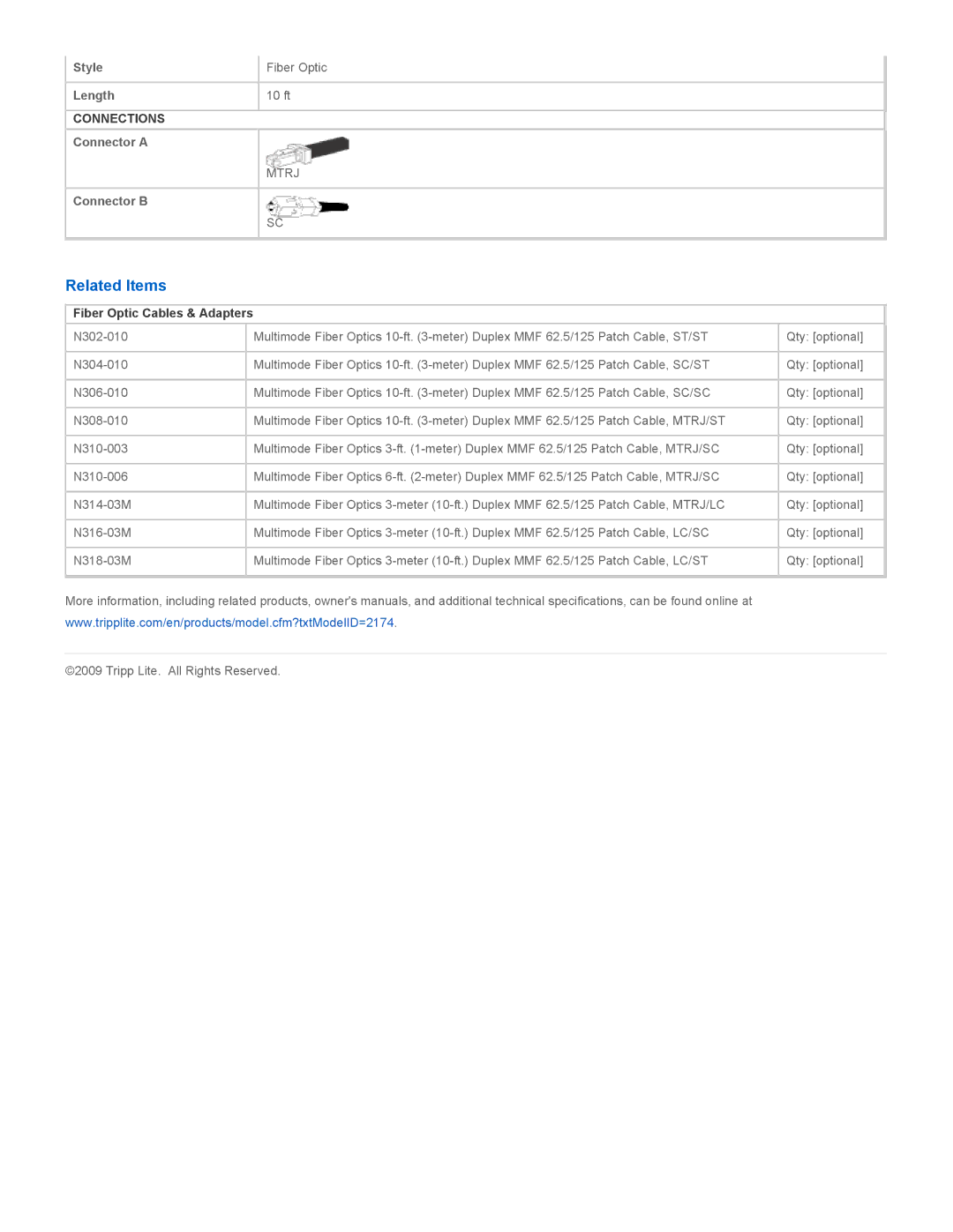 Tripp Lite N310-010 specifications Related Items, Fiber Optic Cables & Adapters 