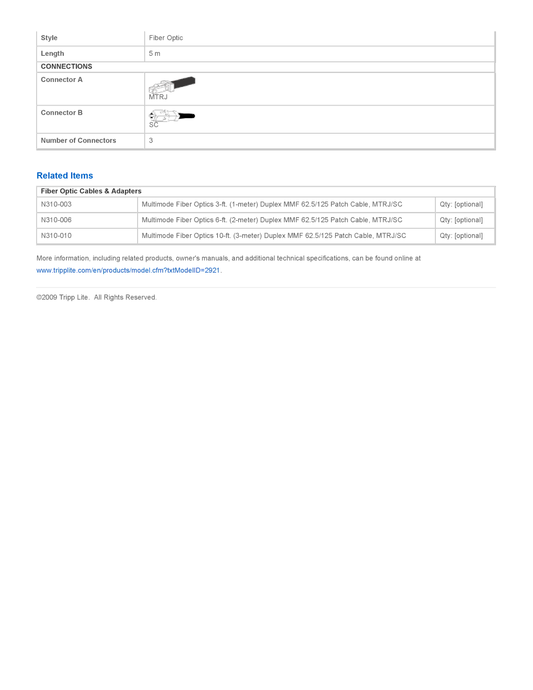 Tripp Lite N310-05M specifications Related Items, Fiber Optic Cables & Adapters 