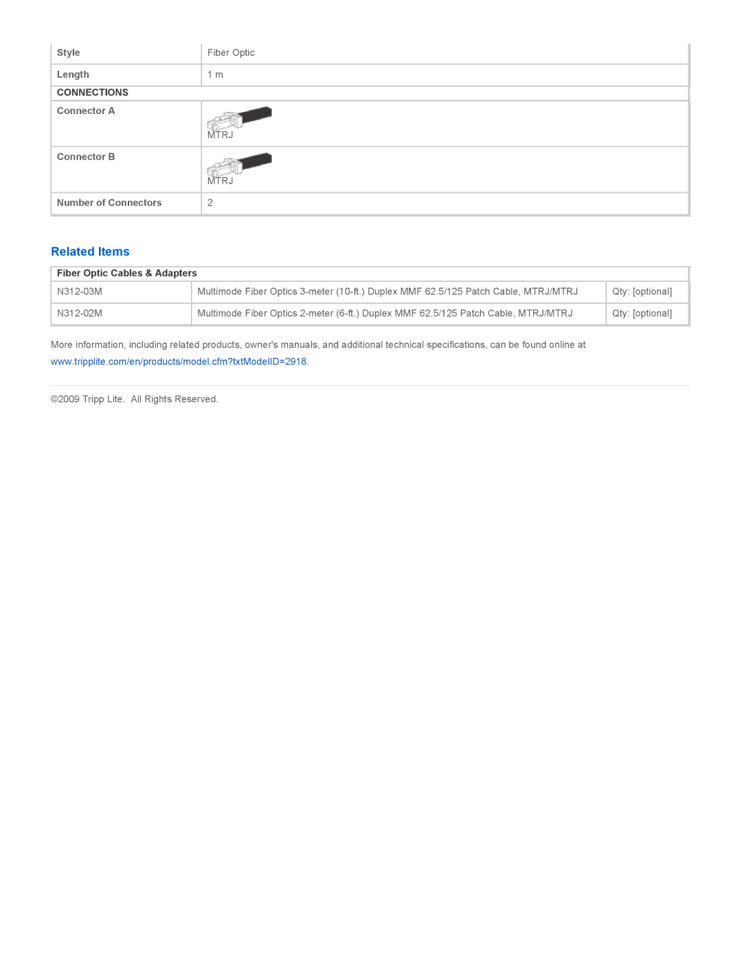 Tripp Lite N312-01M specifications Related Items, Fiber Optic Cables & Adapters 