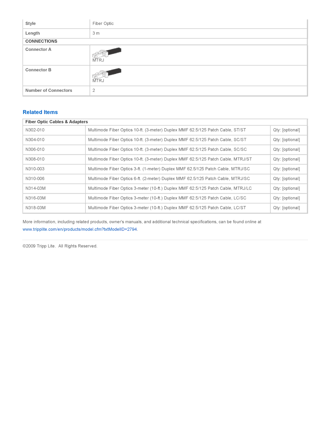 Tripp Lite N312-03M specifications Related Items, Fiber Optic Cables & Adapters 