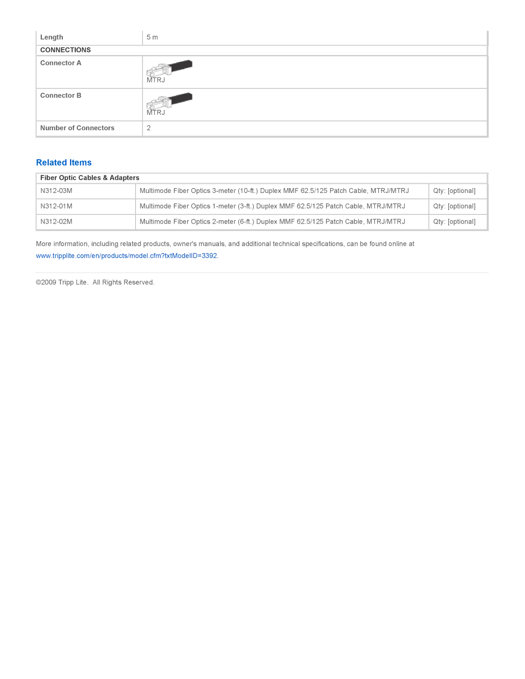 Tripp Lite N312-05M specifications Related Items, Fiber Optic Cables & Adapters 