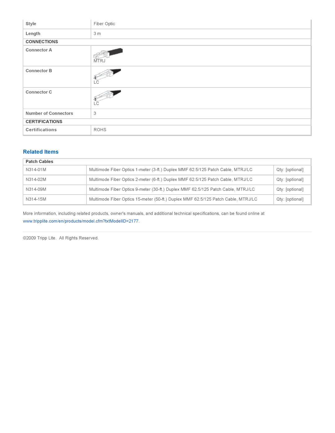 Tripp Lite N314-03M specifications Related Items, Patch Cables 