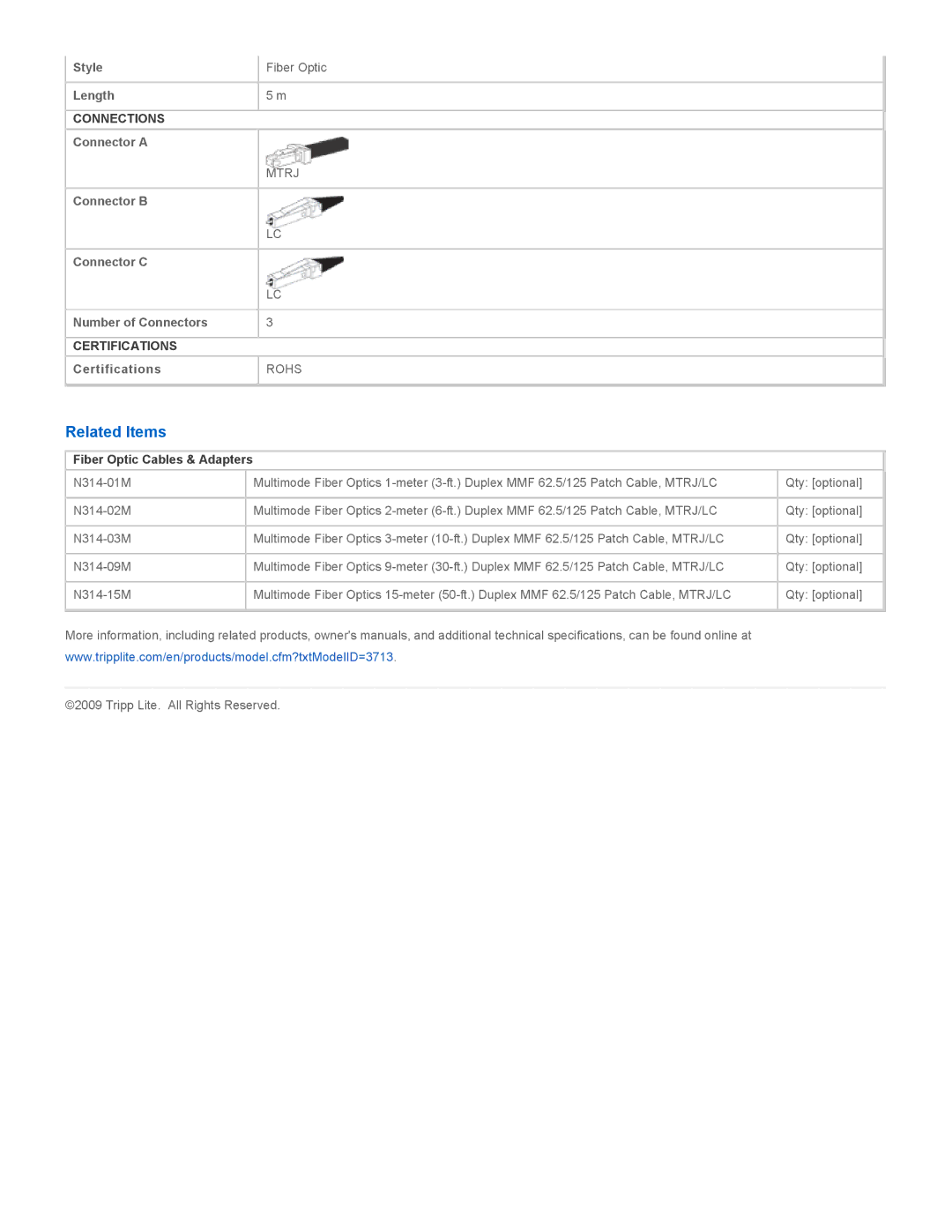 Tripp Lite N314-05M specifications Related Items, Fiber Optic Cables & Adapters 