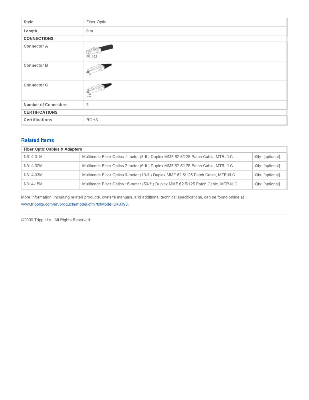 Tripp Lite N314-09M specifications Related Items, Fiber Optic Cables & Adapters 