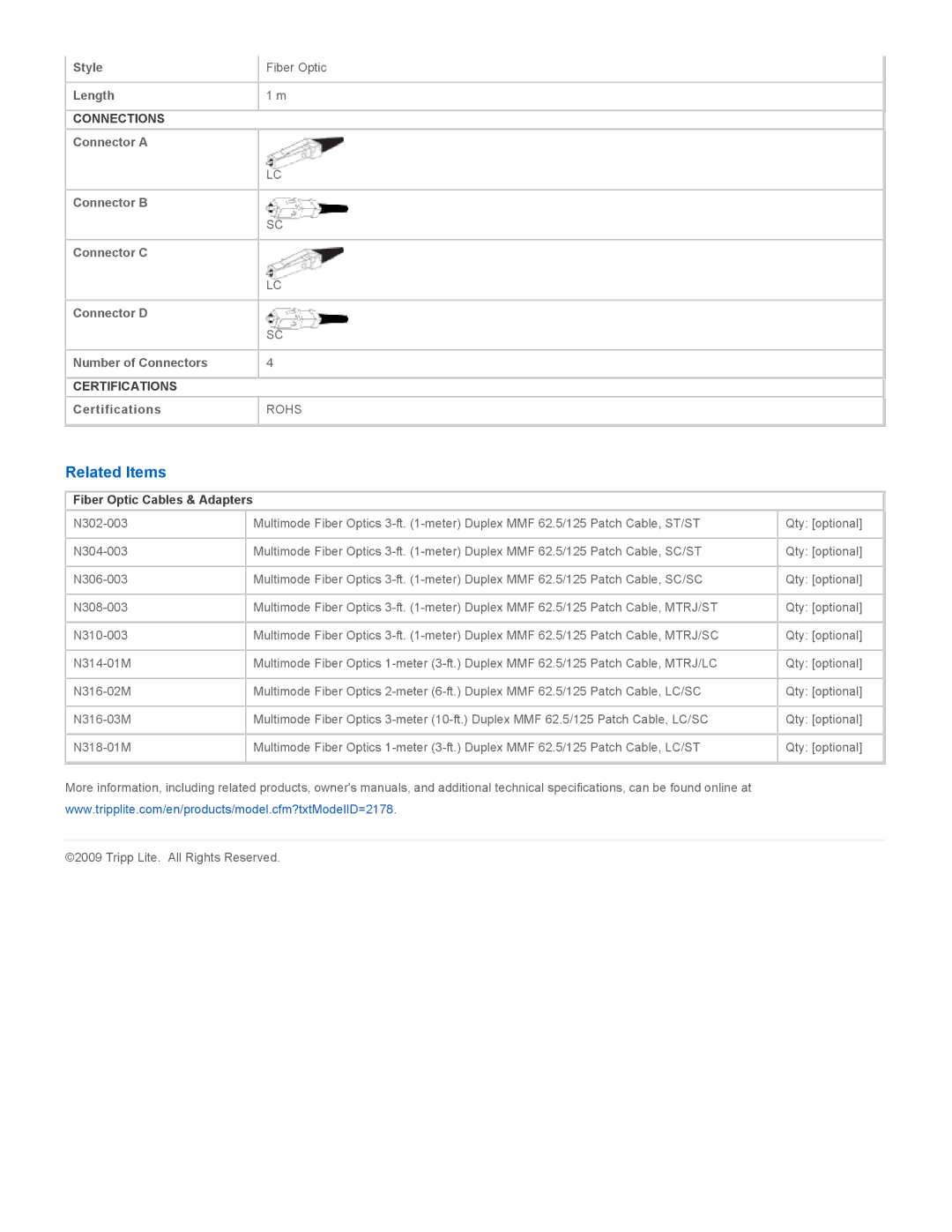 Tripp Lite N316-01M specifications Related Items, Fiber Optic Cables & Adapters 