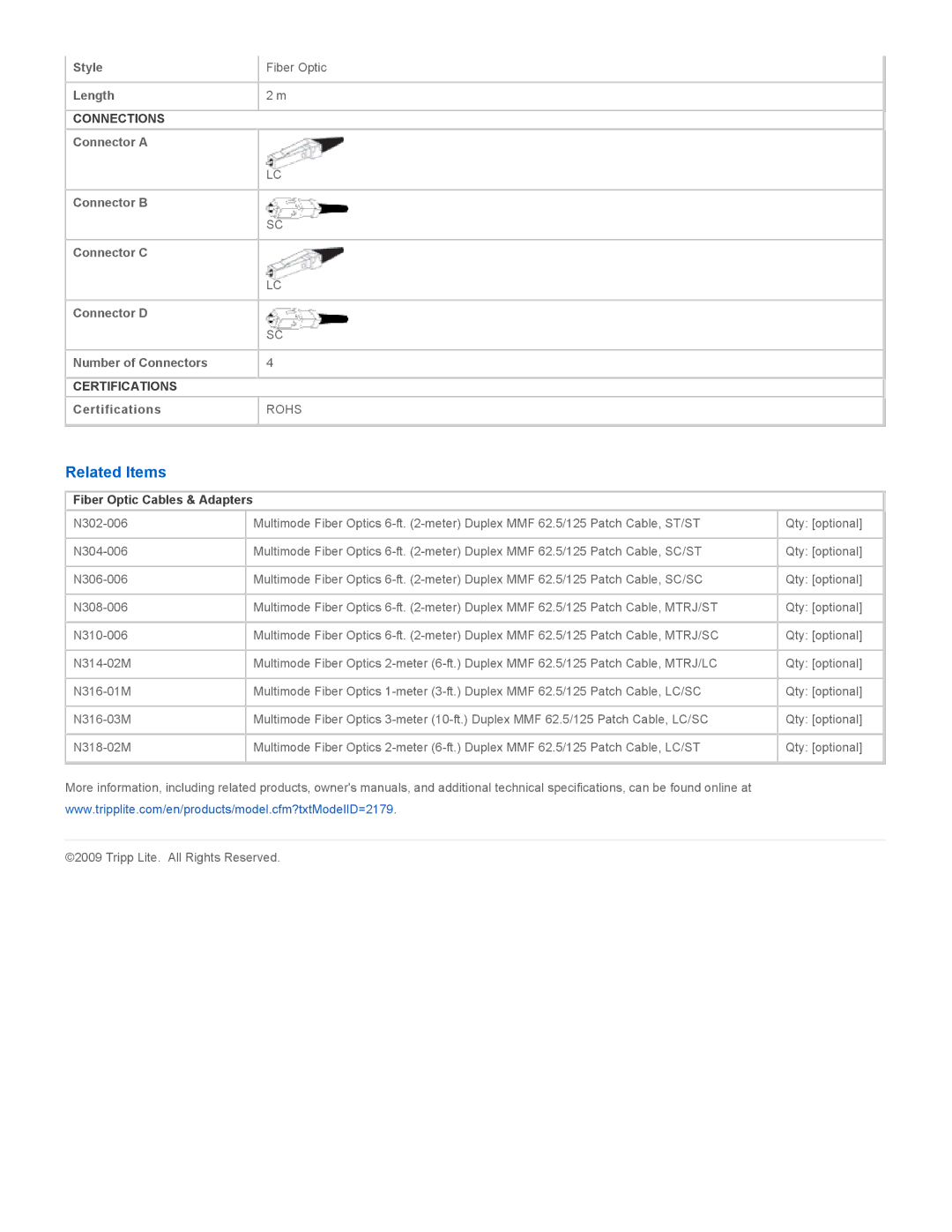 Tripp Lite N316-02M specifications Related Items, Fiber Optic Cables & Adapters 