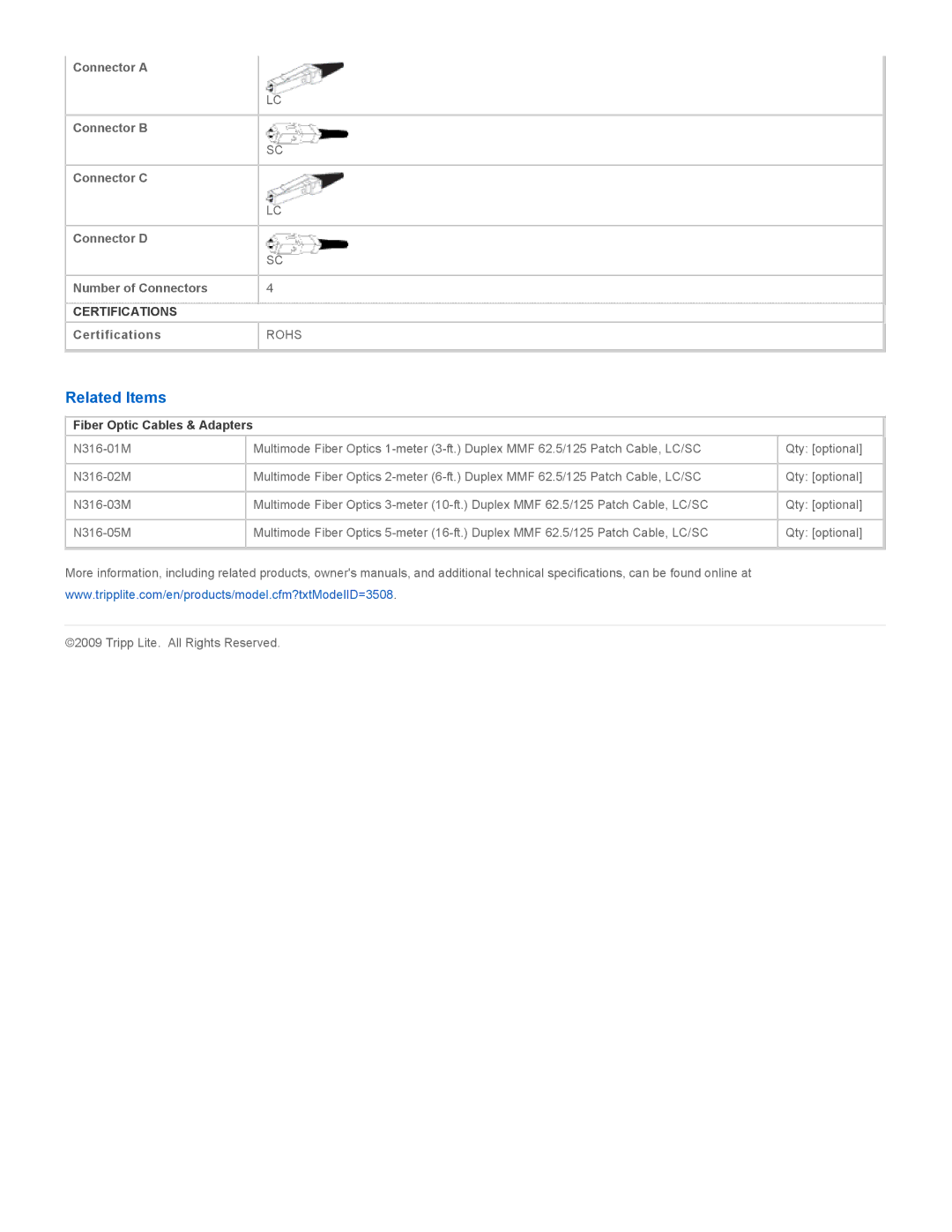 Tripp Lite N316-04M specifications Related Items, Fiber Optic Cables & Adapters 