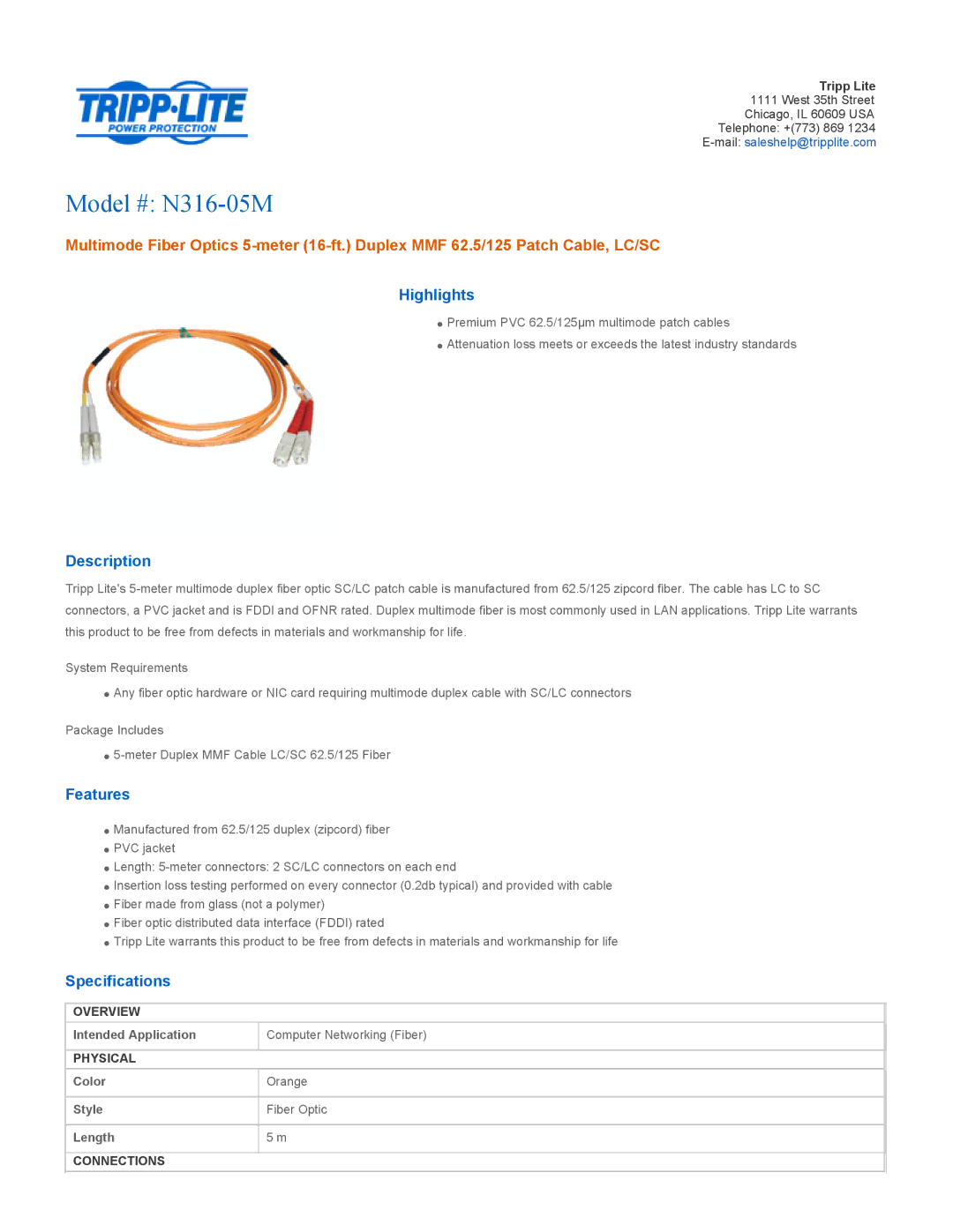 Tripp Lite specifications Model # N316-05M, Highlights, Description, Features, Specifications 