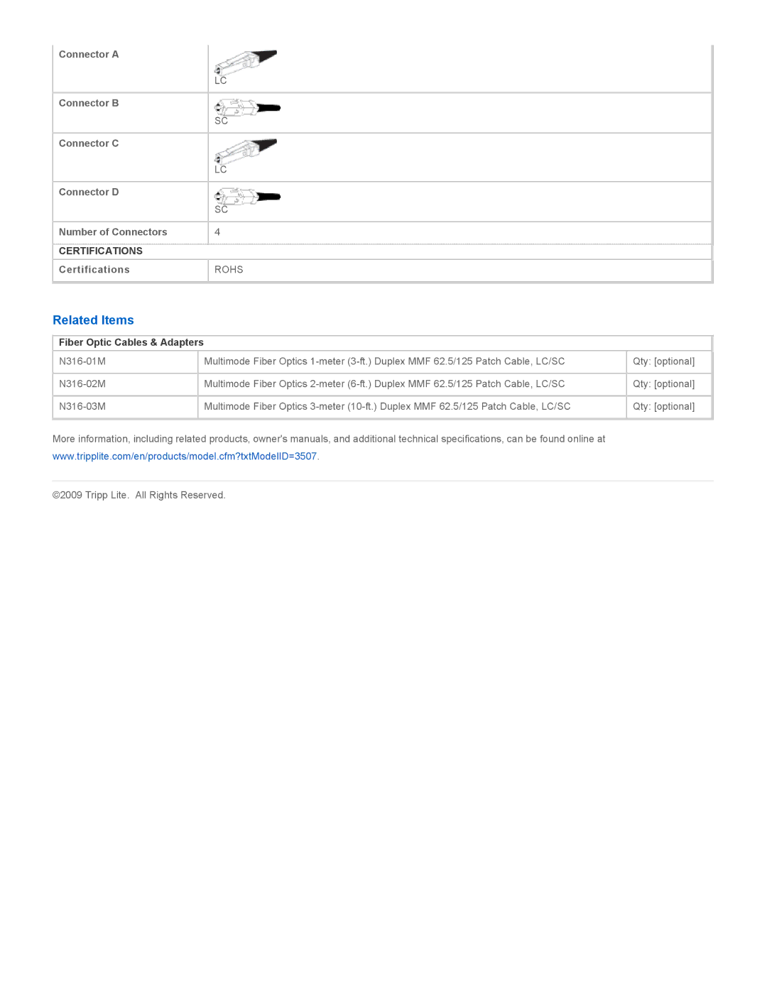 Tripp Lite N316-05M specifications Related Items, Fiber Optic Cables & Adapters 