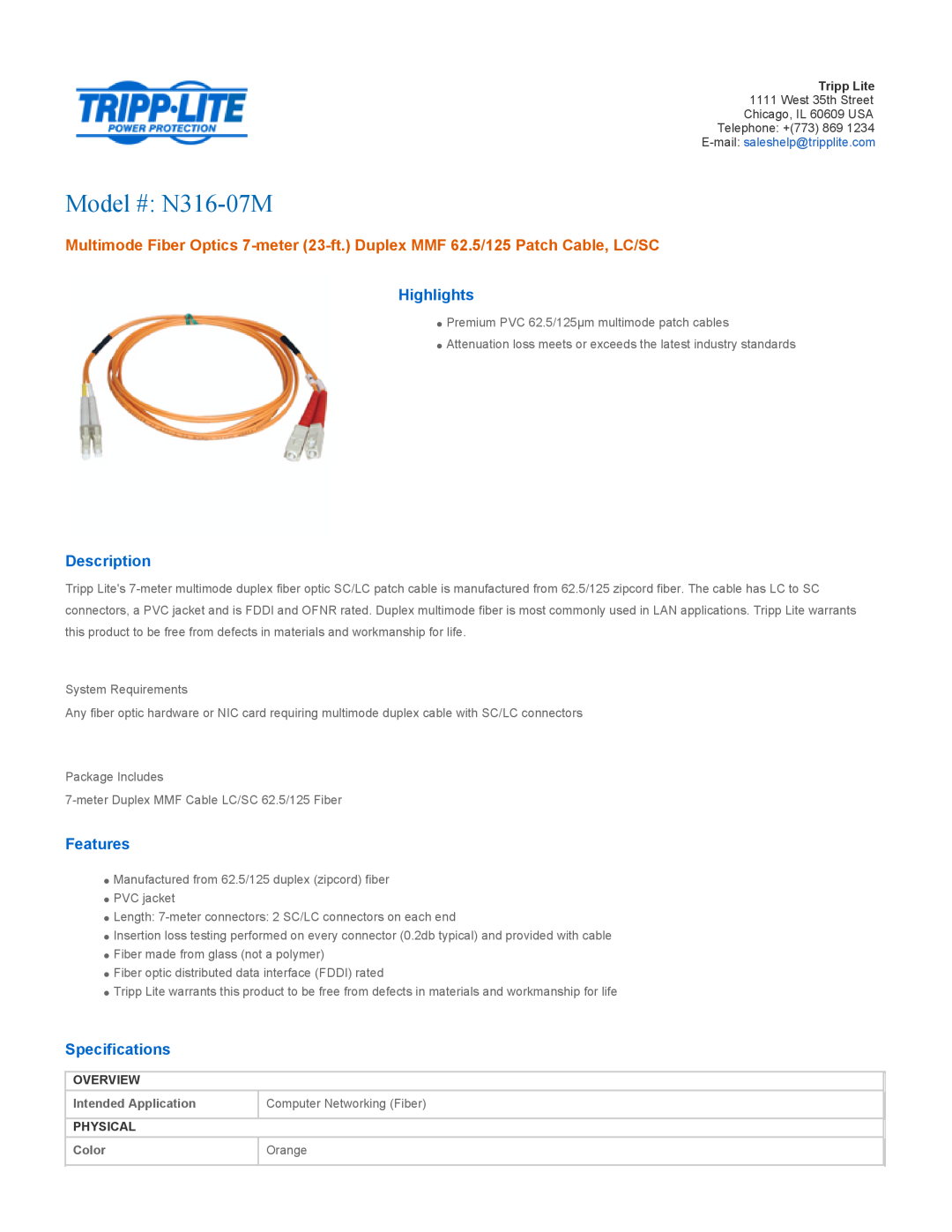 Tripp Lite N316-07M specifications Overview, Intended Application, Computer Networking Fiber, Physical, Color, Orange 