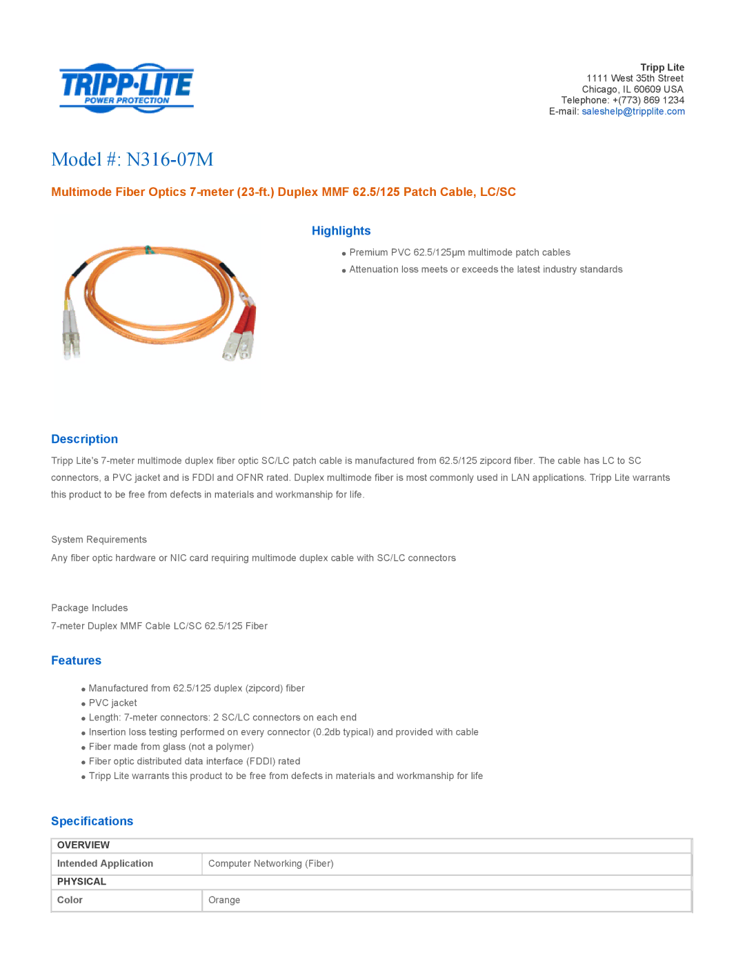 Tripp Lite specifications Model # N316-07M, Highlights, Description, Features, Specifications 