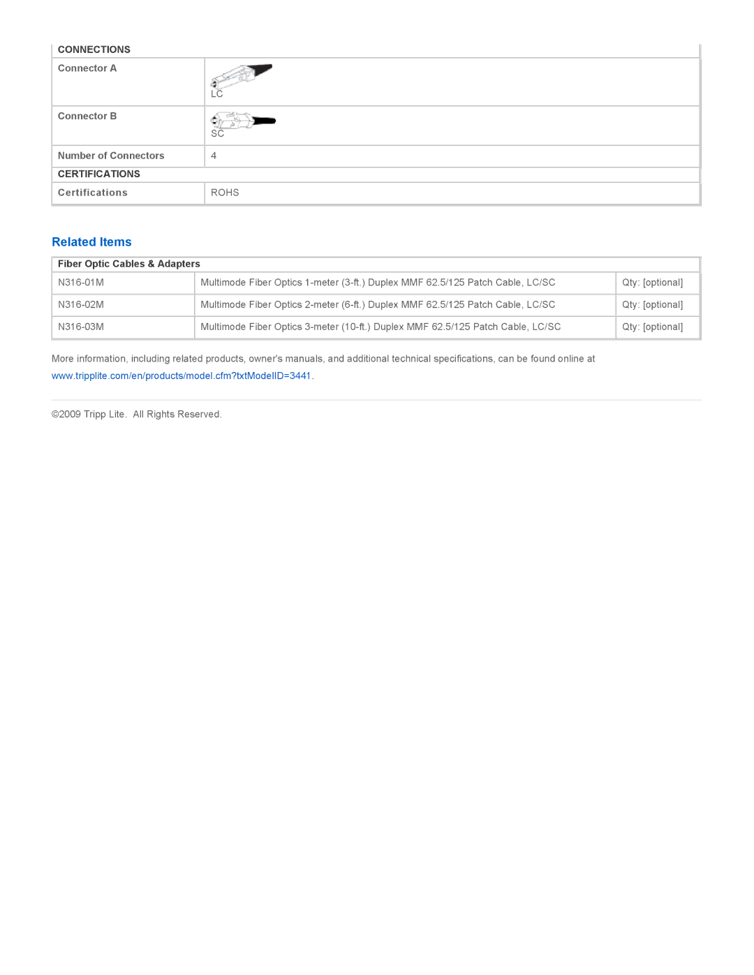Tripp Lite N316-10M specifications Related Items, Fiber Optic Cables & Adapters 