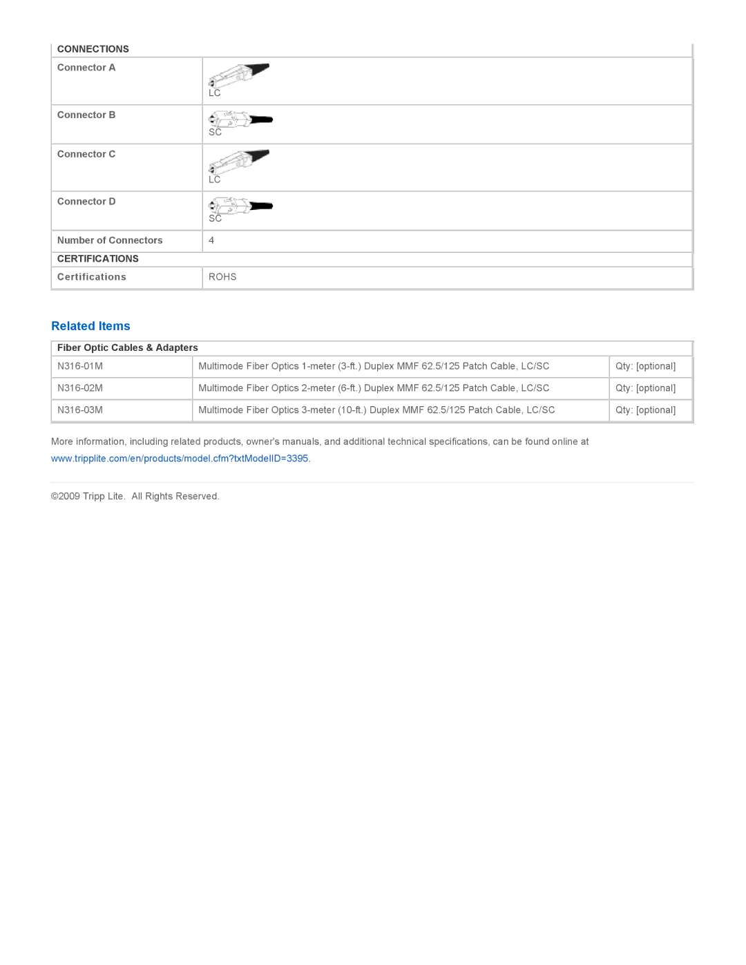 Tripp Lite N316-13M specifications Related Items, Fiber Optic Cables & Adapters 