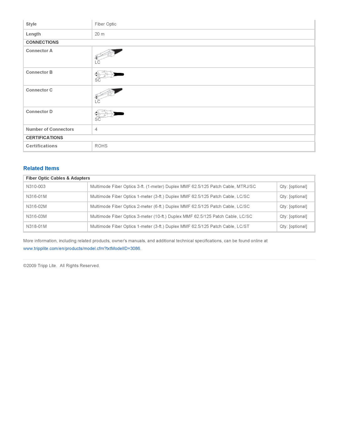 Tripp Lite N316-20M specifications Related Items, Fiber Optic Cables & Adapters 