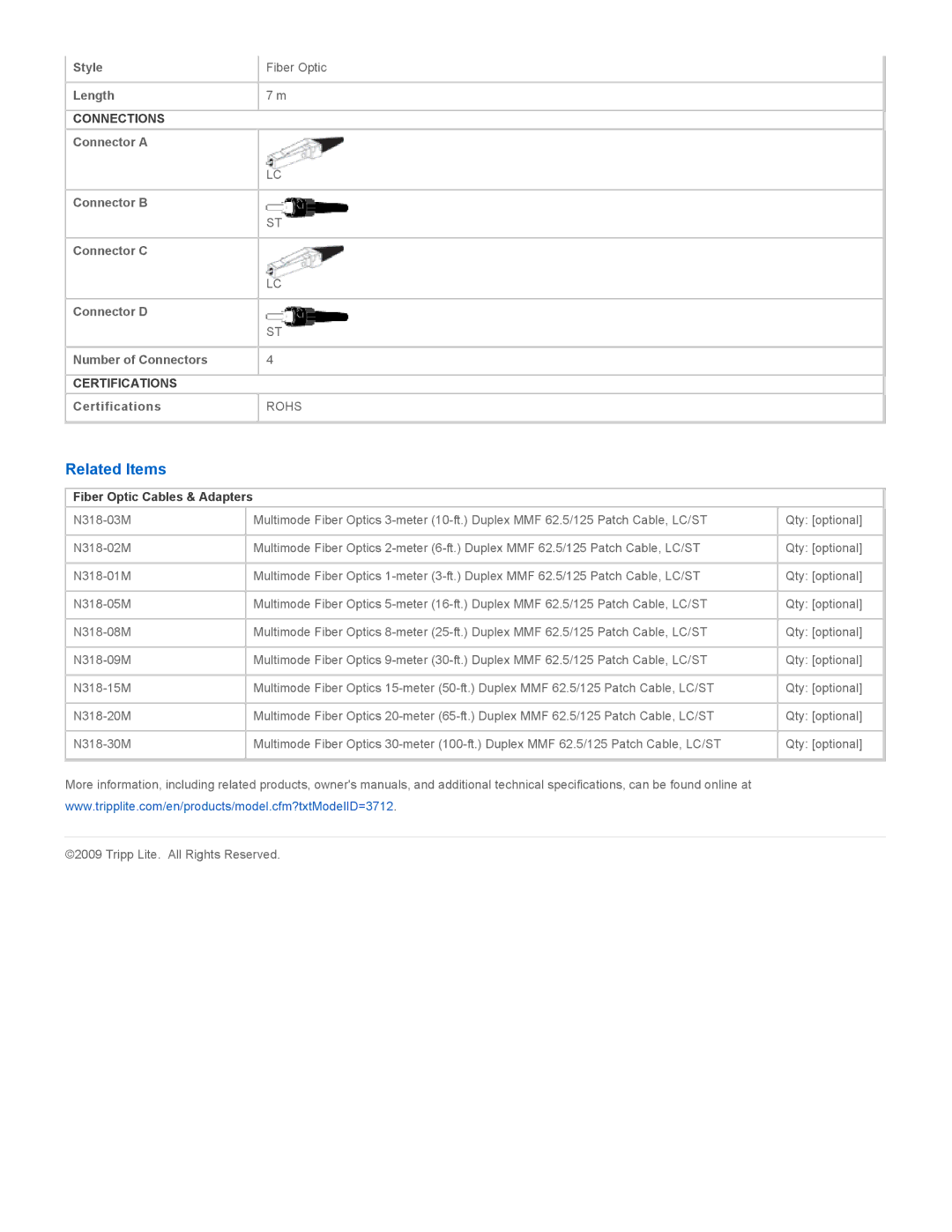 Tripp Lite N318-07M specifications Related Items, Fiber Optic Cables & Adapters 