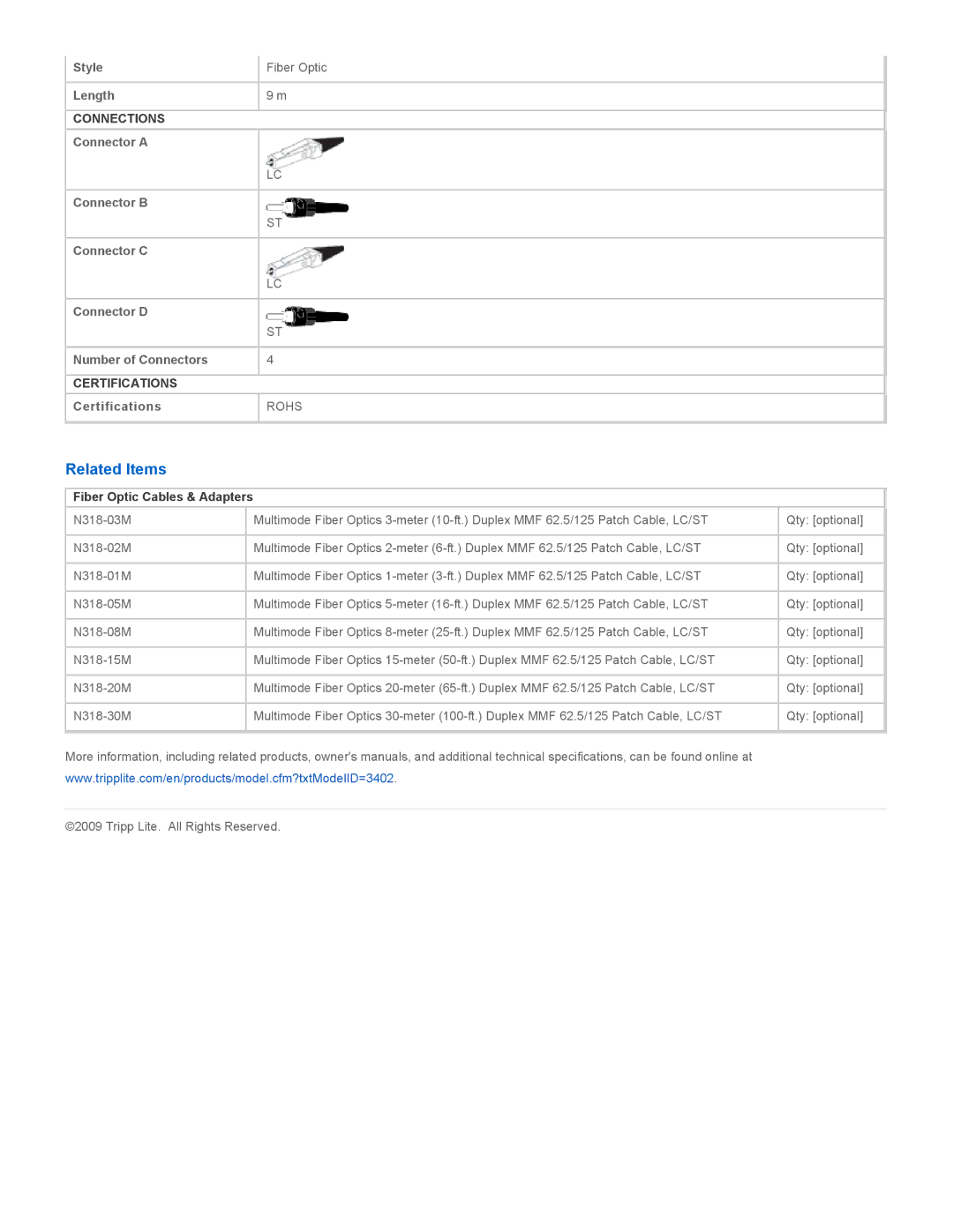Tripp Lite N318-09M specifications Related Items, Fiber Optic Cables & Adapters 