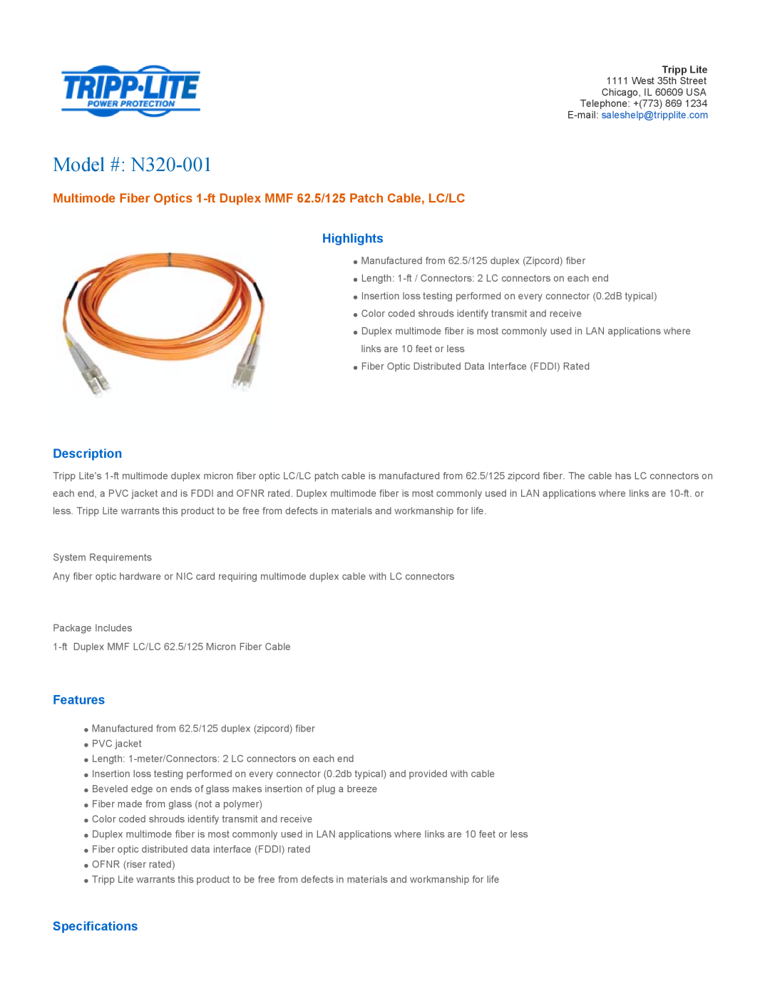 Tripp Lite specifications Model # N320-001, Multimode Fiber Optics 1-ft Duplex MMF 62.5/125 Patch Cable, LC/LC 