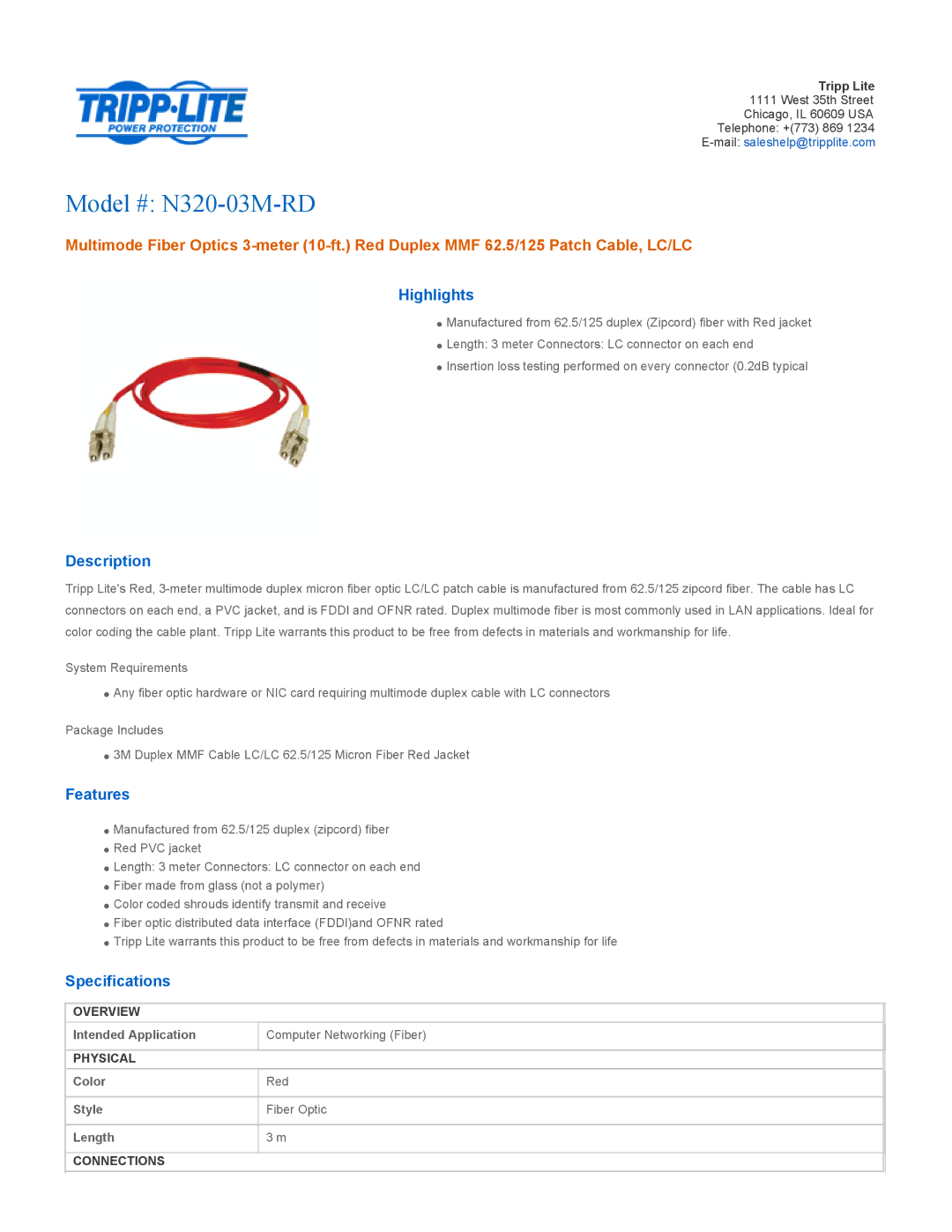 Tripp Lite specifications Model # N320-03M-RD, Highlights, Description, Features, Specifications 