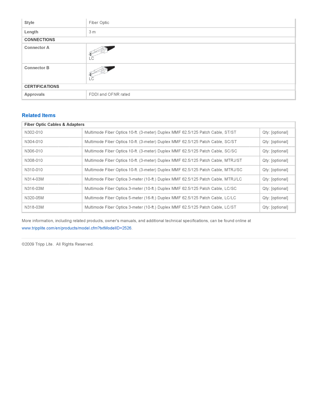 Tripp Lite N320-03M specifications Related Items, Fiber Optic Cables & Adapters 