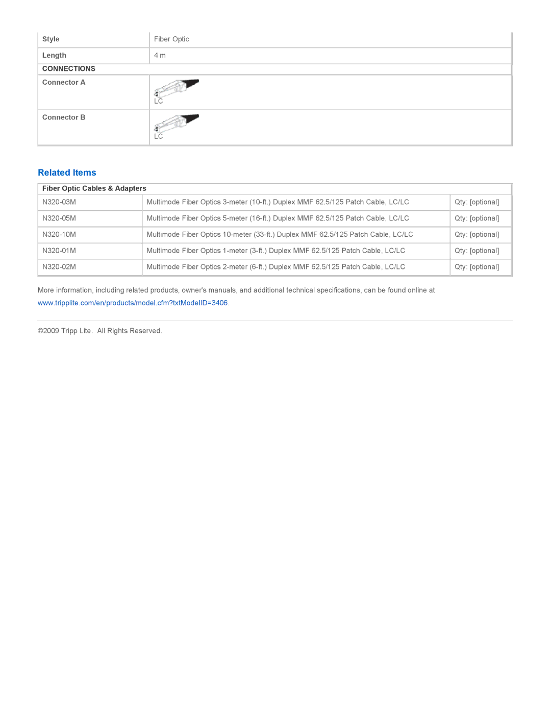 Tripp Lite N320-04M specifications Related Items, Fiber Optic Cables & Adapters 