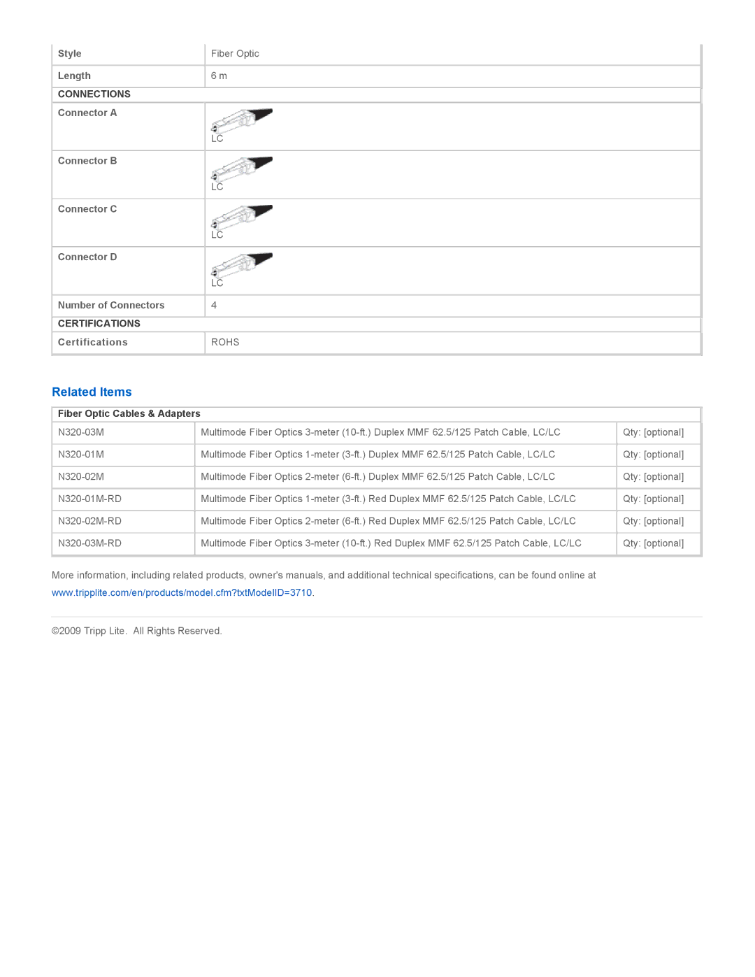 Tripp Lite N320-06M specifications Related Items, Fiber Optic Cables & Adapters 