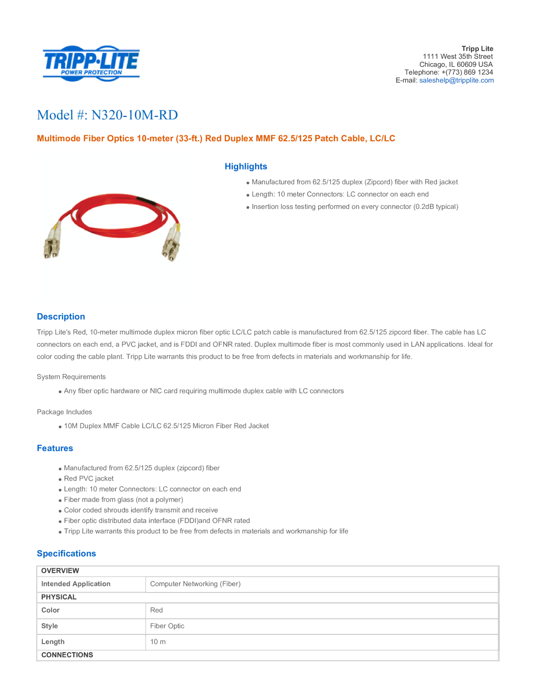 Tripp Lite specifications Model # N320-10M-RD, Highlights, Description, Features, Specifications 