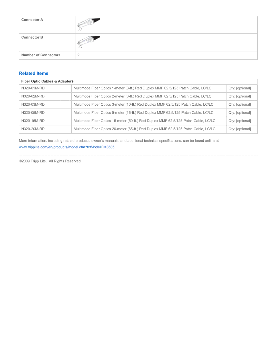 Tripp Lite N320-10M-RD specifications Related Items, Fiber Optic Cables & Adapters 