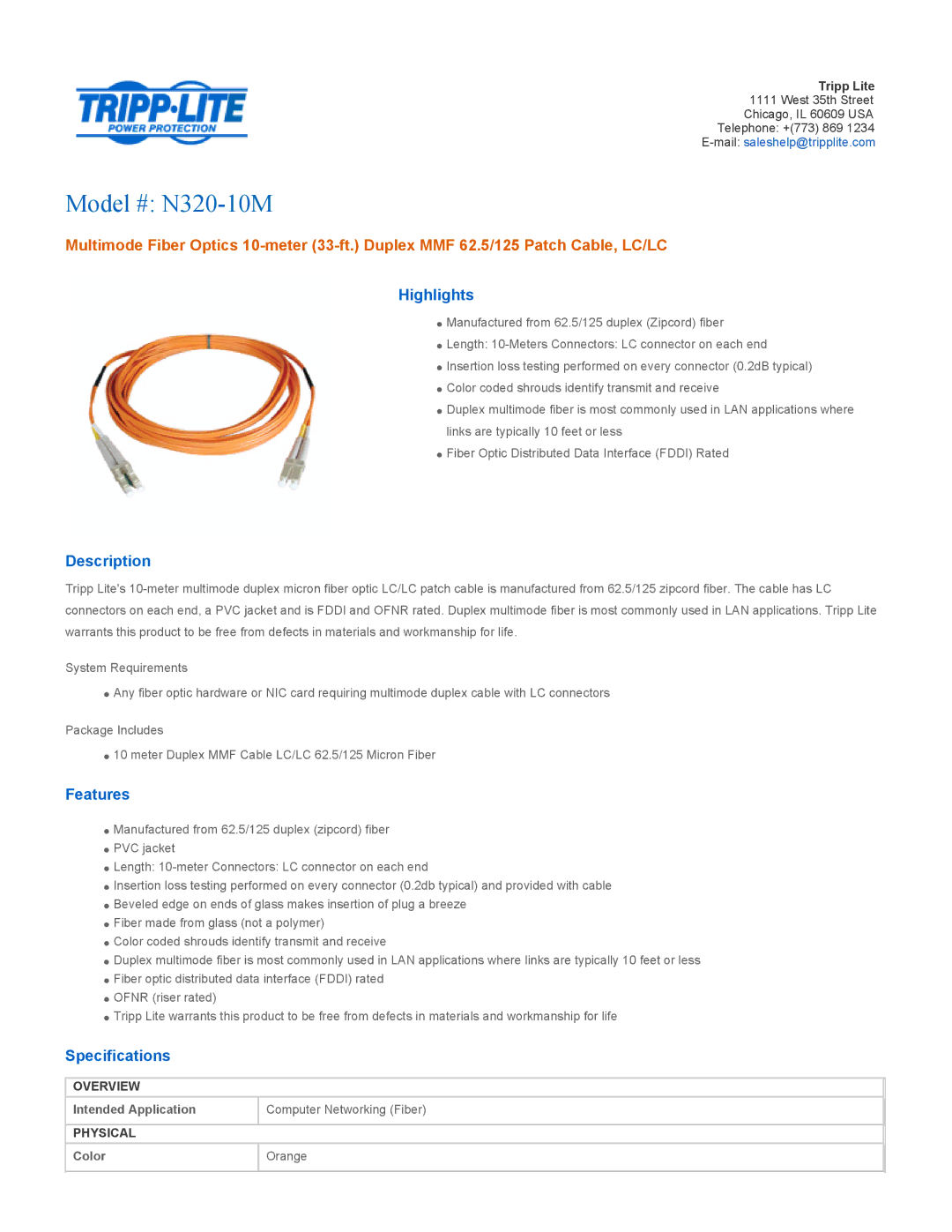 Tripp Lite specifications Model # N320-10M, Highlights, Description, Features, Specifications 
