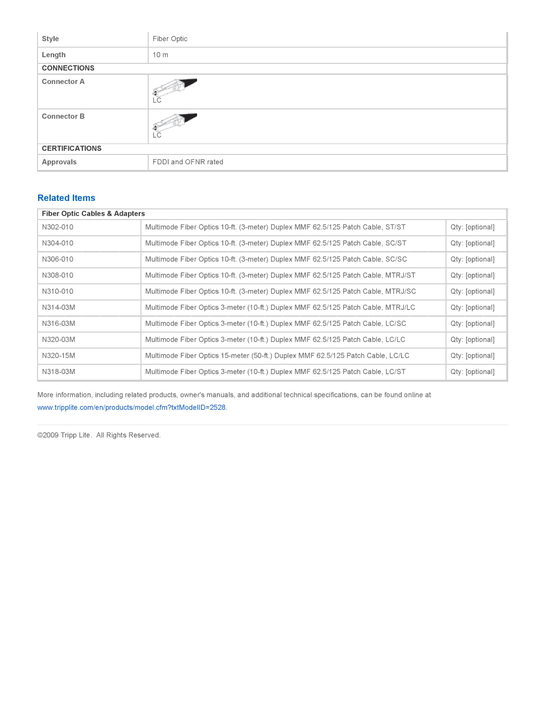 Tripp Lite N320-10M specifications Related Items, Fiber Optic Cables & Adapters 