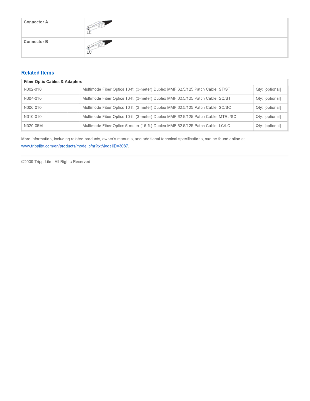 Tripp Lite N320-20M specifications Related Items, Fiber Optic Cables & Adapters 